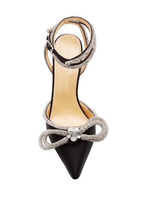 Laila Bow Crystal Satin Heels in Black with unique bow detail and elegant design, perfect for stylish women.