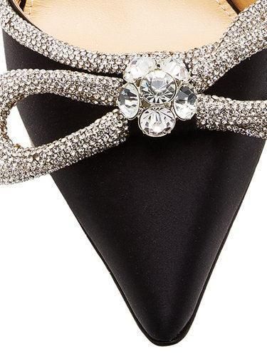 Laila Bow Crystal Satin Heels in Black with unique bow detail and elegant design, perfect for stylish women.