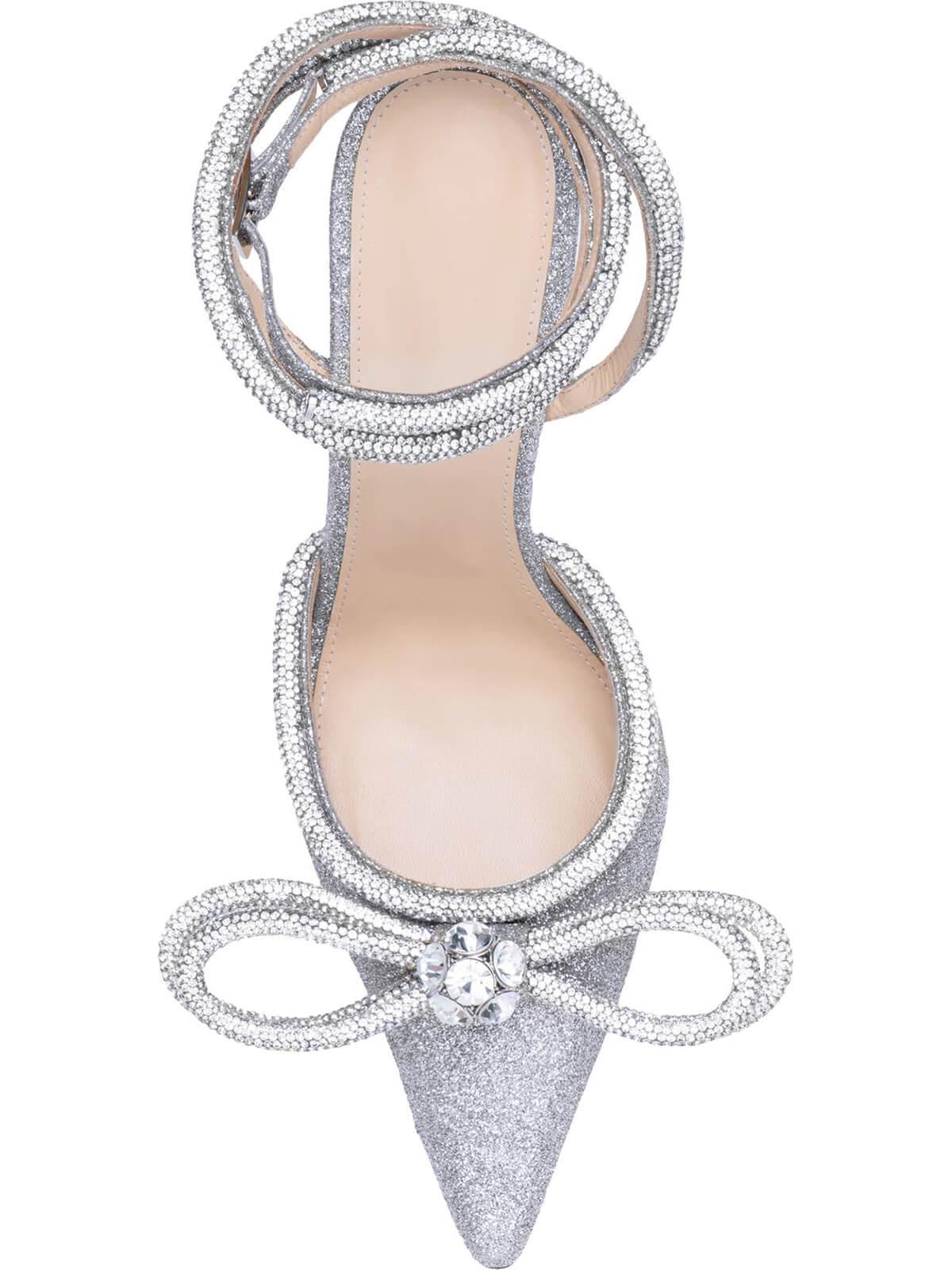 Laila Bow Crystal Satin Heels in Silver, featuring a chic design with crystal embellishments and elegant ankle strap.