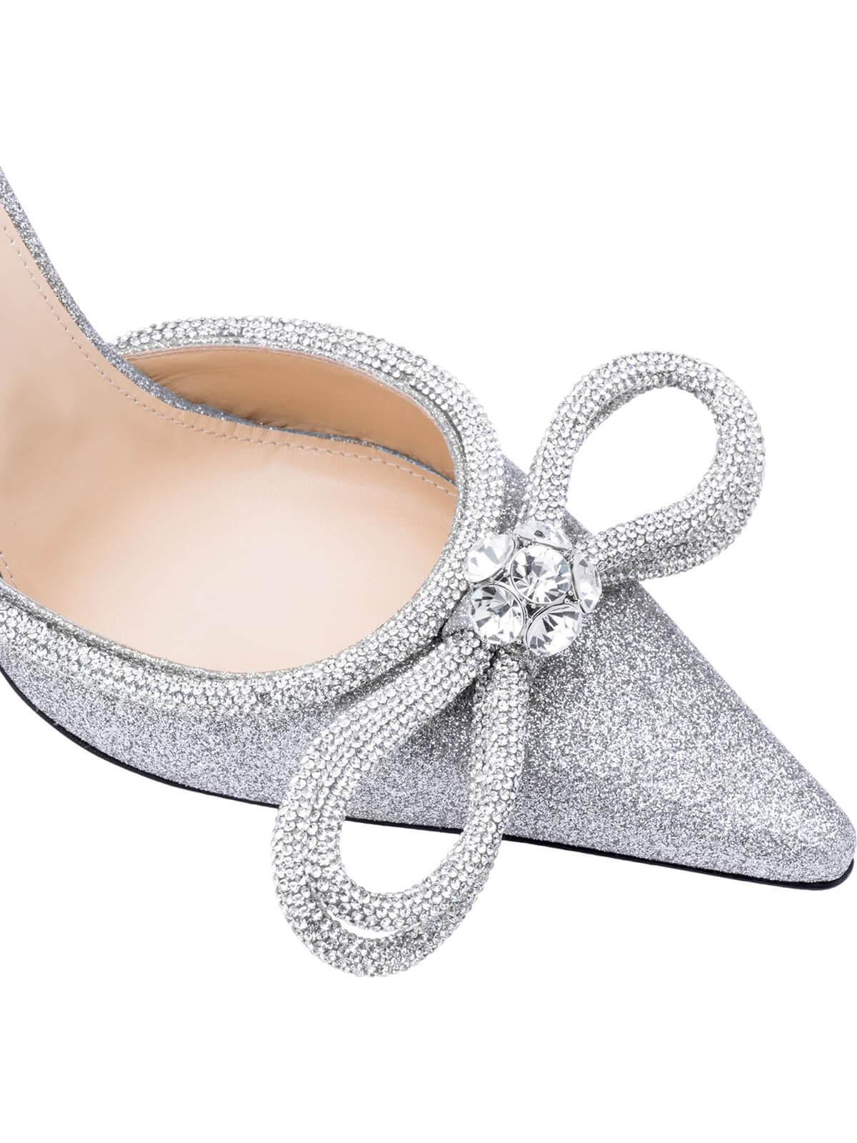 Laila Bow Crystal Satin Heels in Silver, featuring a chic design with crystal embellishments and elegant ankle strap.