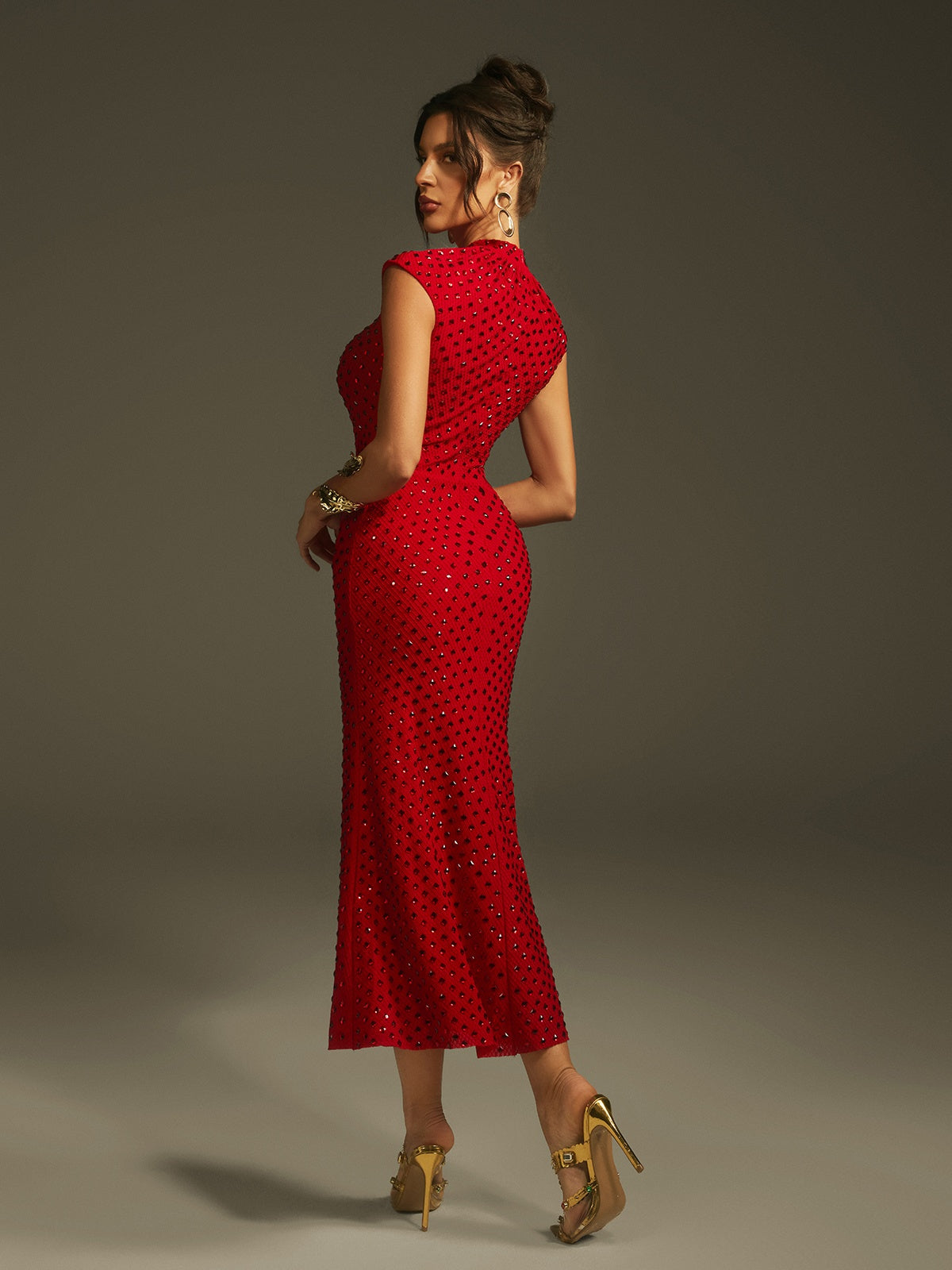 Lanesia Sleeveless Flower Rhinestone Midi Dress