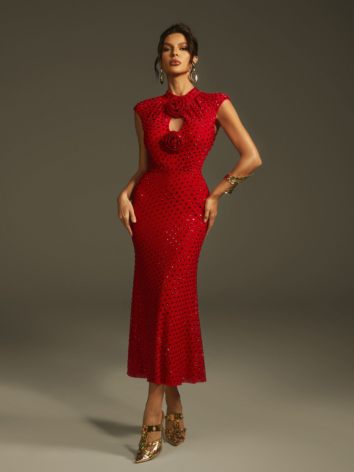 Lanesia Sleeveless Flower Rhinestone Midi Dress