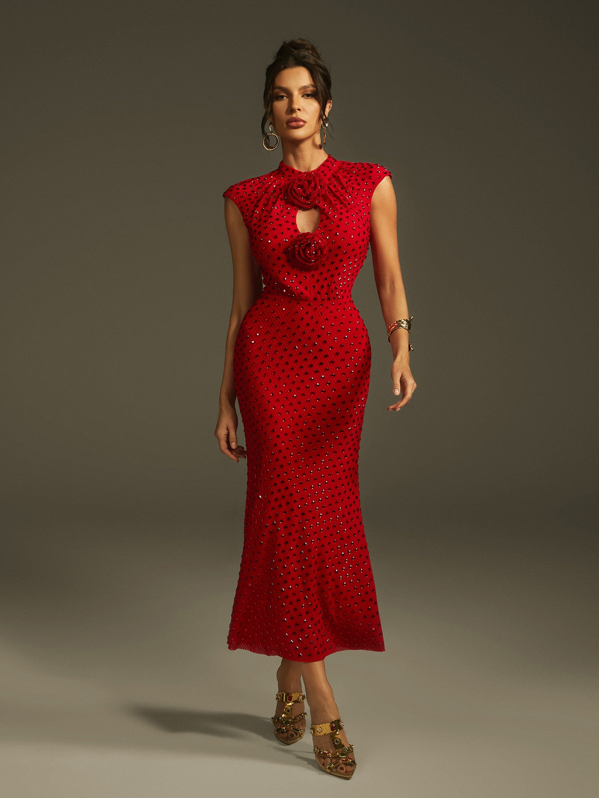 Lanesia Sleeveless Flower Rhinestone Midi Dress