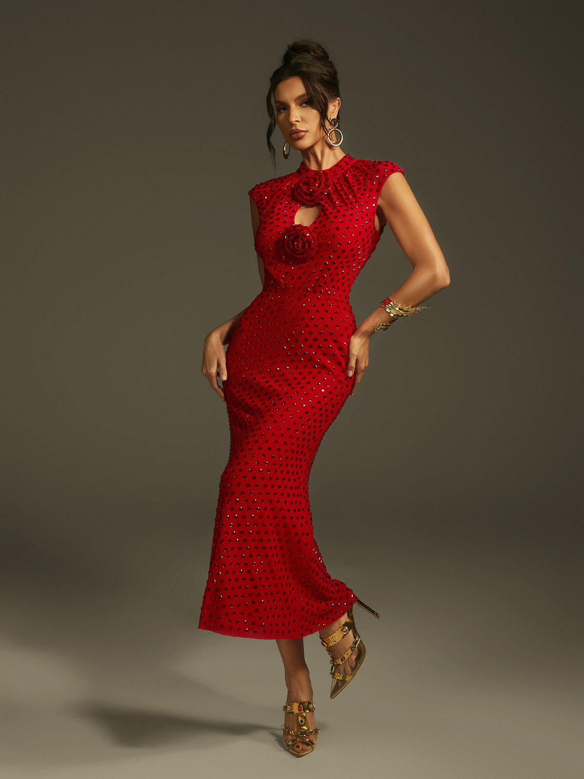 Lanesia Sleeveless Flower Rhinestone Midi Dress