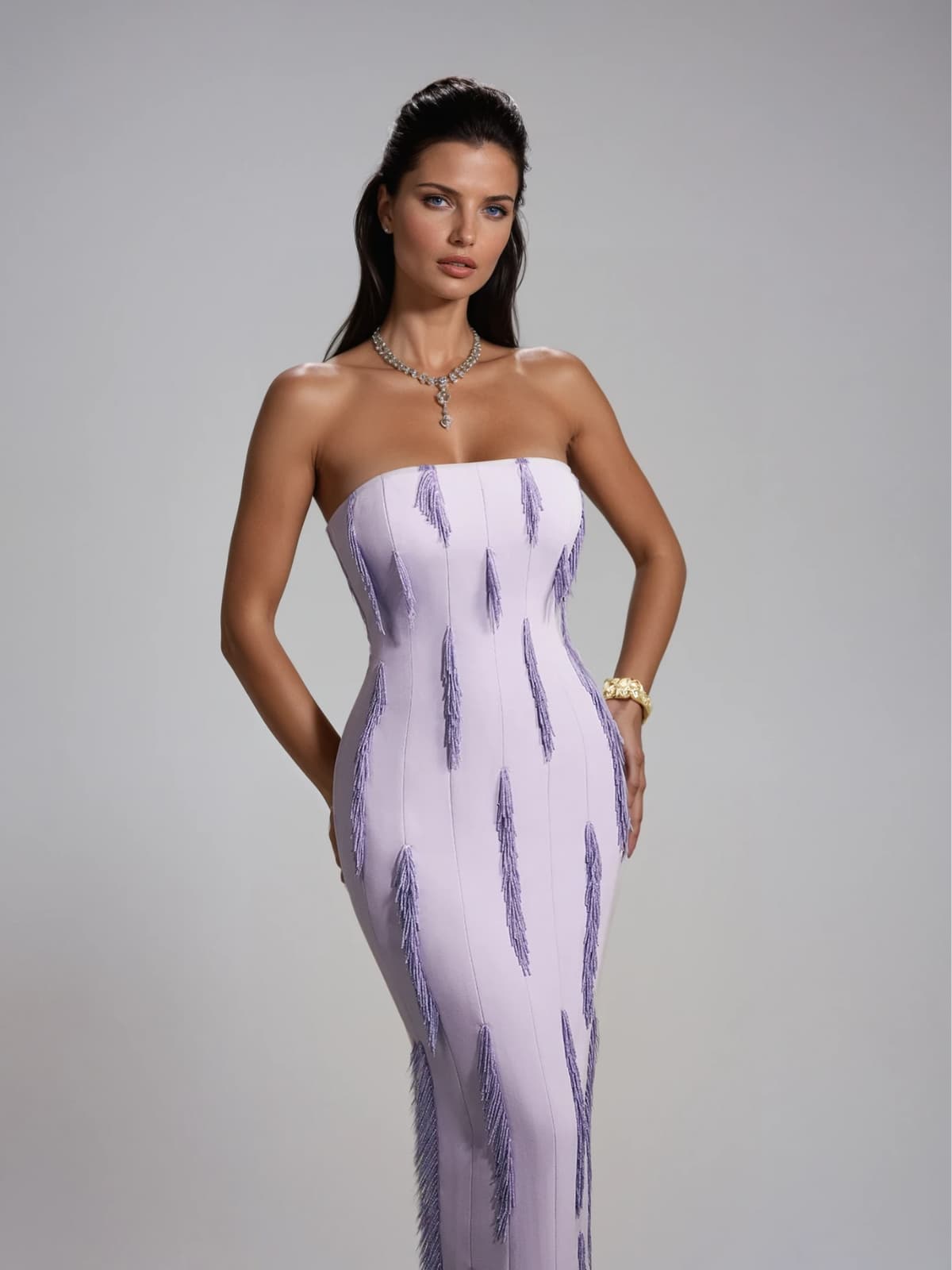 Lanica Strapless Beaded Fringe Maxi Dress