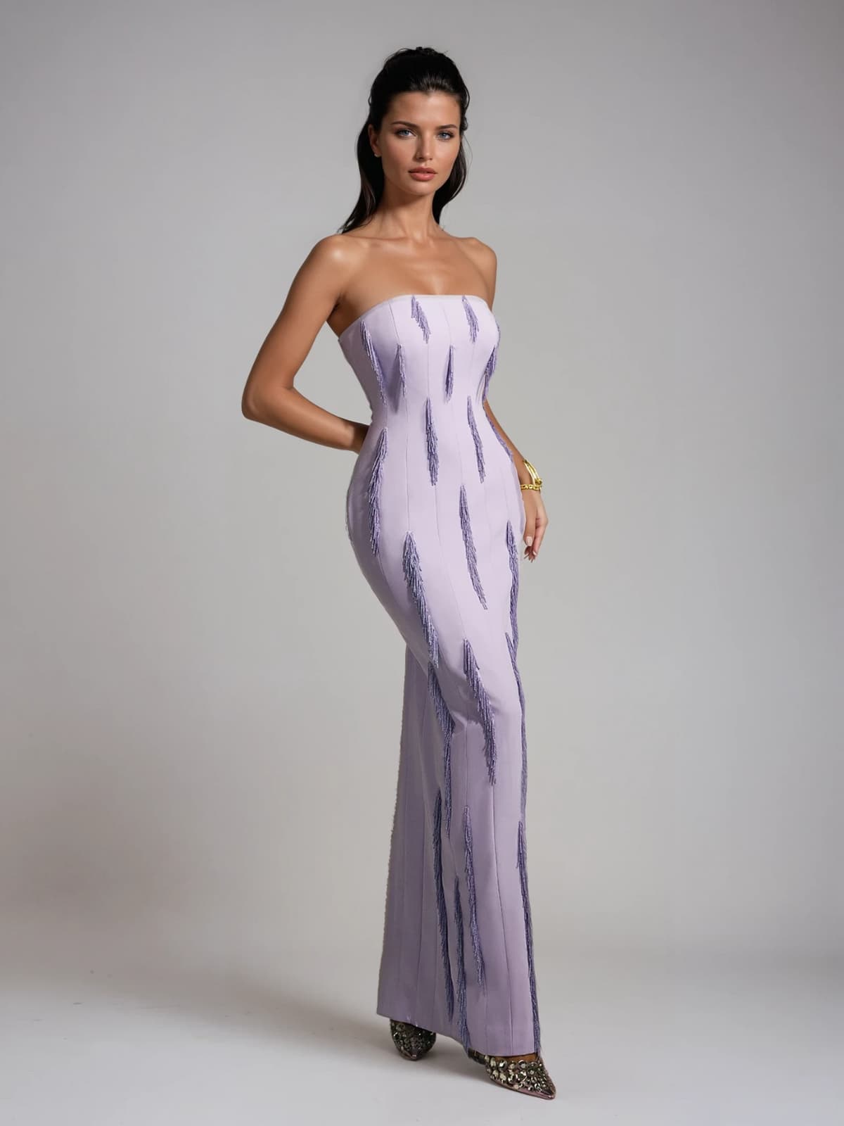 Lanica Strapless Beaded Fringe Maxi Dress