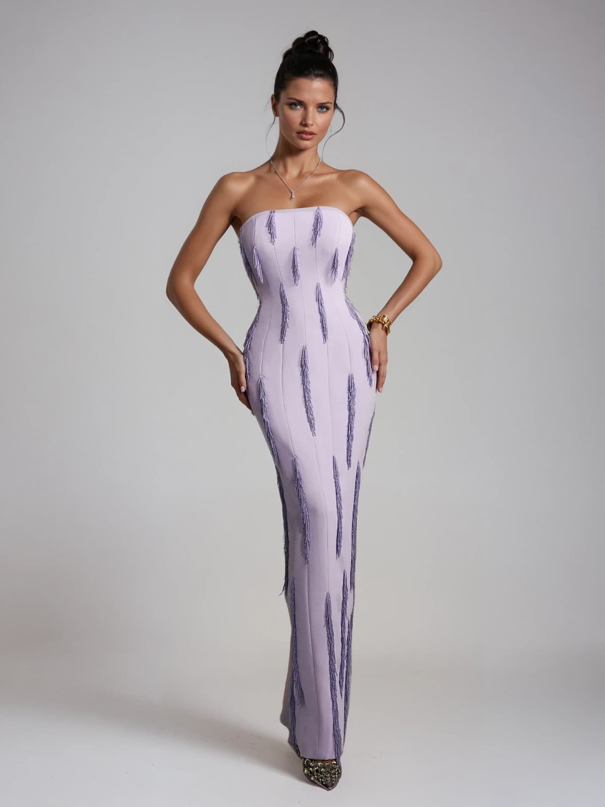 Lanica Strapless Beaded Fringe Maxi Dress