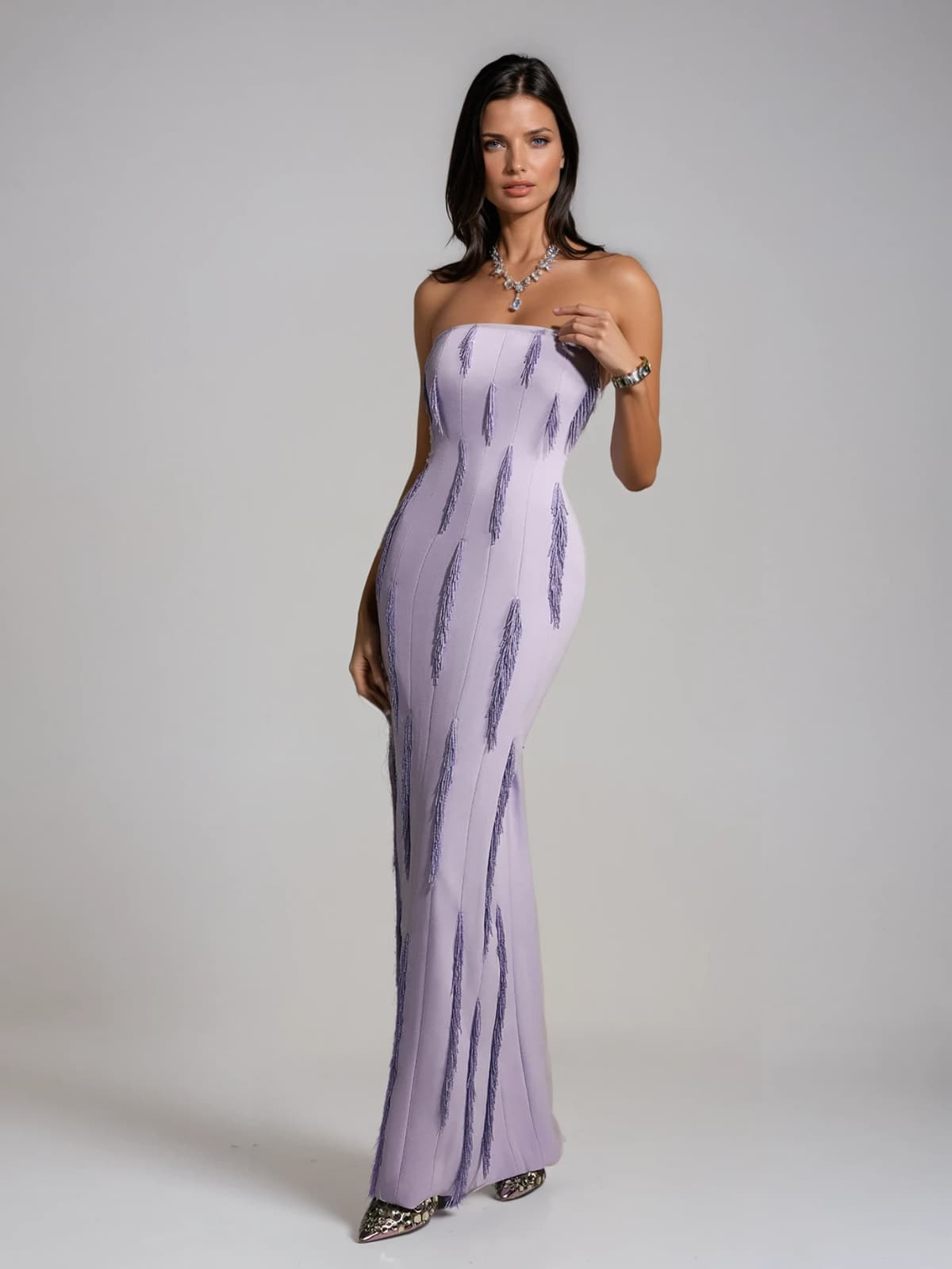 Lanica Strapless Beaded Fringe Maxi Dress