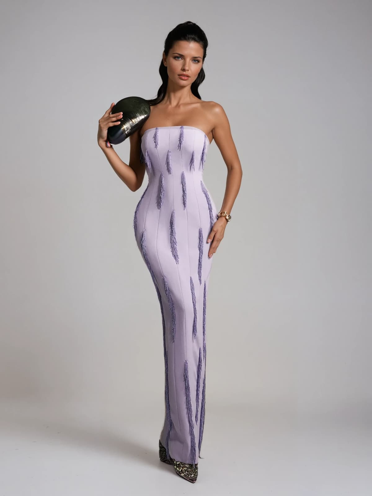 Lanica Strapless Beaded Fringe Maxi Dress