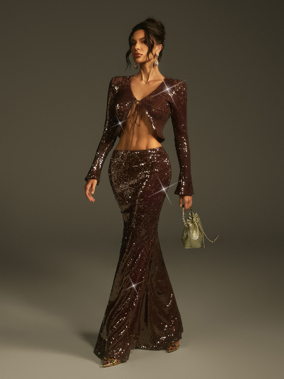 Laraib Sequin Skirt Set In Coffee