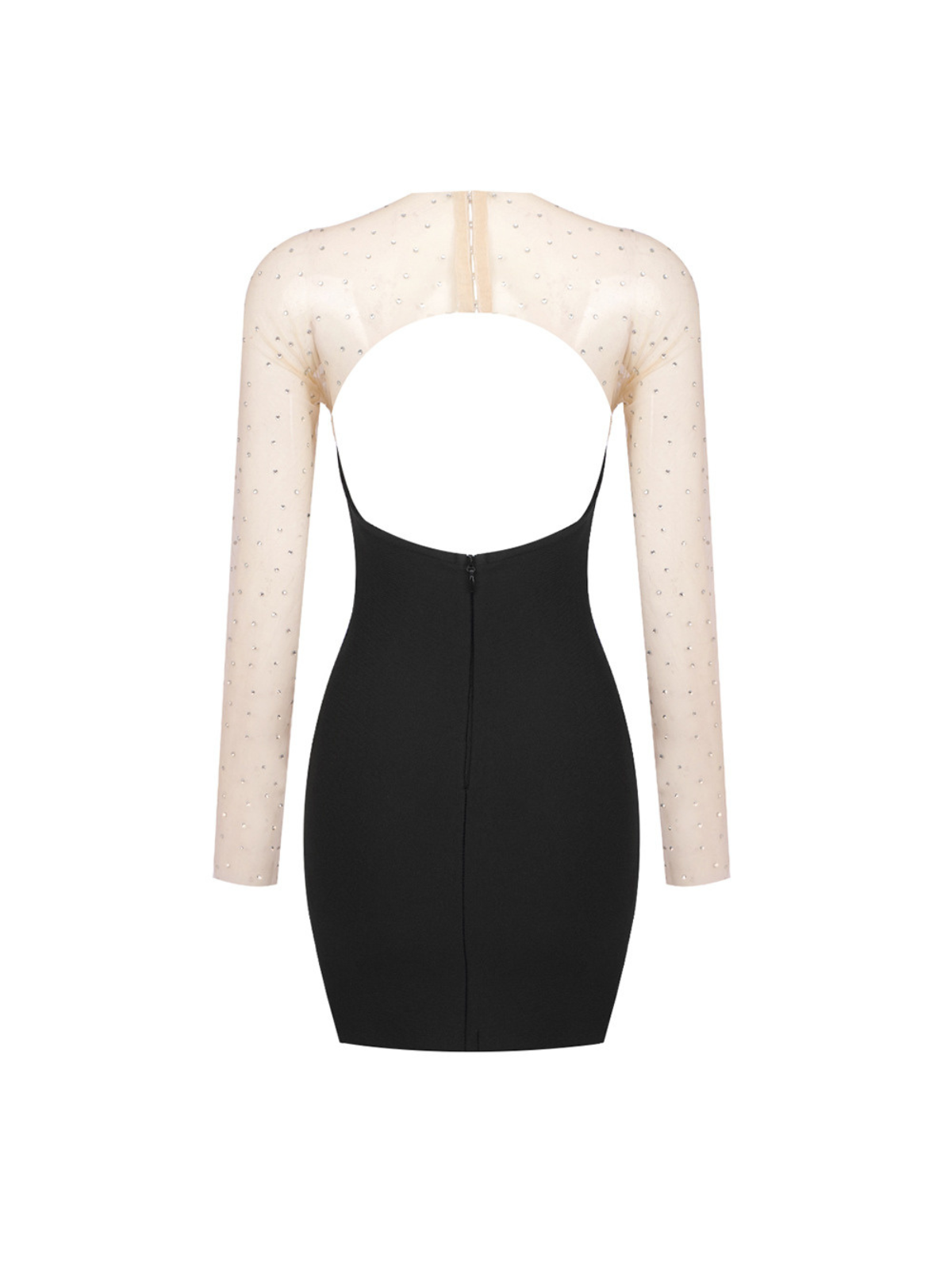 Stunning Larose Crystal Mesh Bandage Dress in black.  Features a flattering silhouette, intricate crystal patchwork, and comfortable high-stretch fabric. Perfect for cocktail parties and special events.