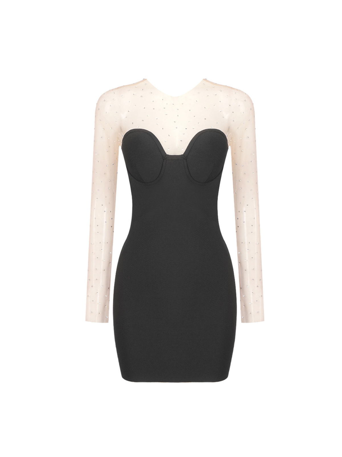 Stunning Larose Crystal Mesh Bandage Dress in black.  Features a flattering silhouette, intricate crystal patchwork, and comfortable high-stretch fabric. Perfect for cocktail parties and special events.