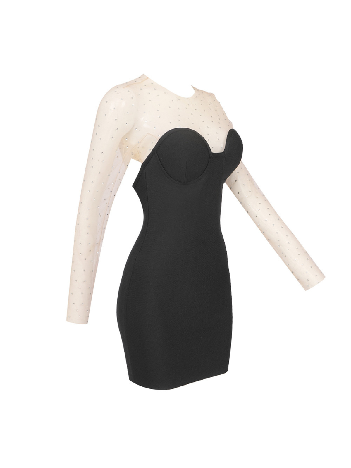 Stunning Larose Crystal Mesh Bandage Dress in black.  Features a flattering silhouette, intricate crystal patchwork, and comfortable high-stretch fabric. Perfect for cocktail parties and special events.
