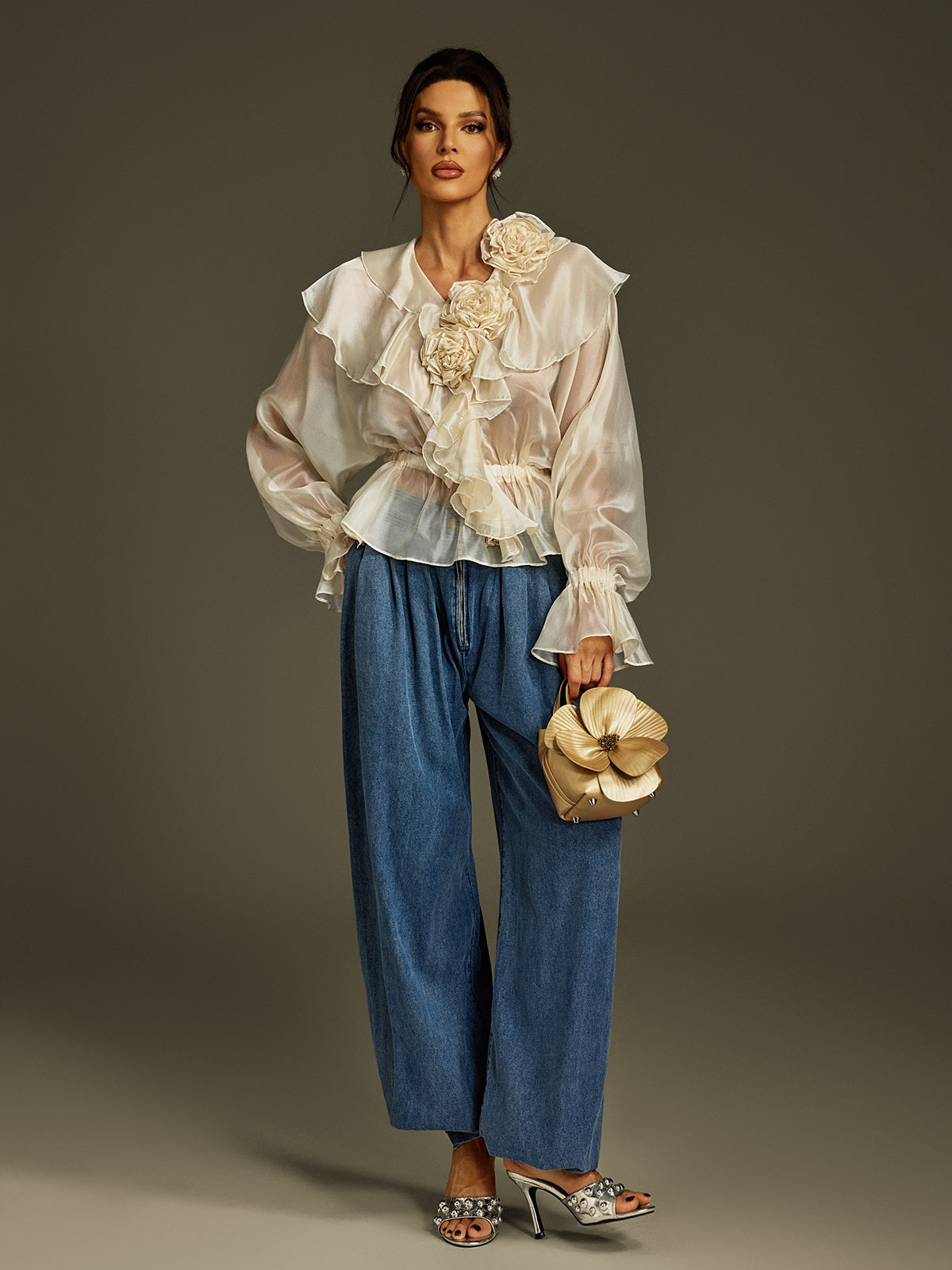 Larya Flare Sleeve Flower Ruffle Top