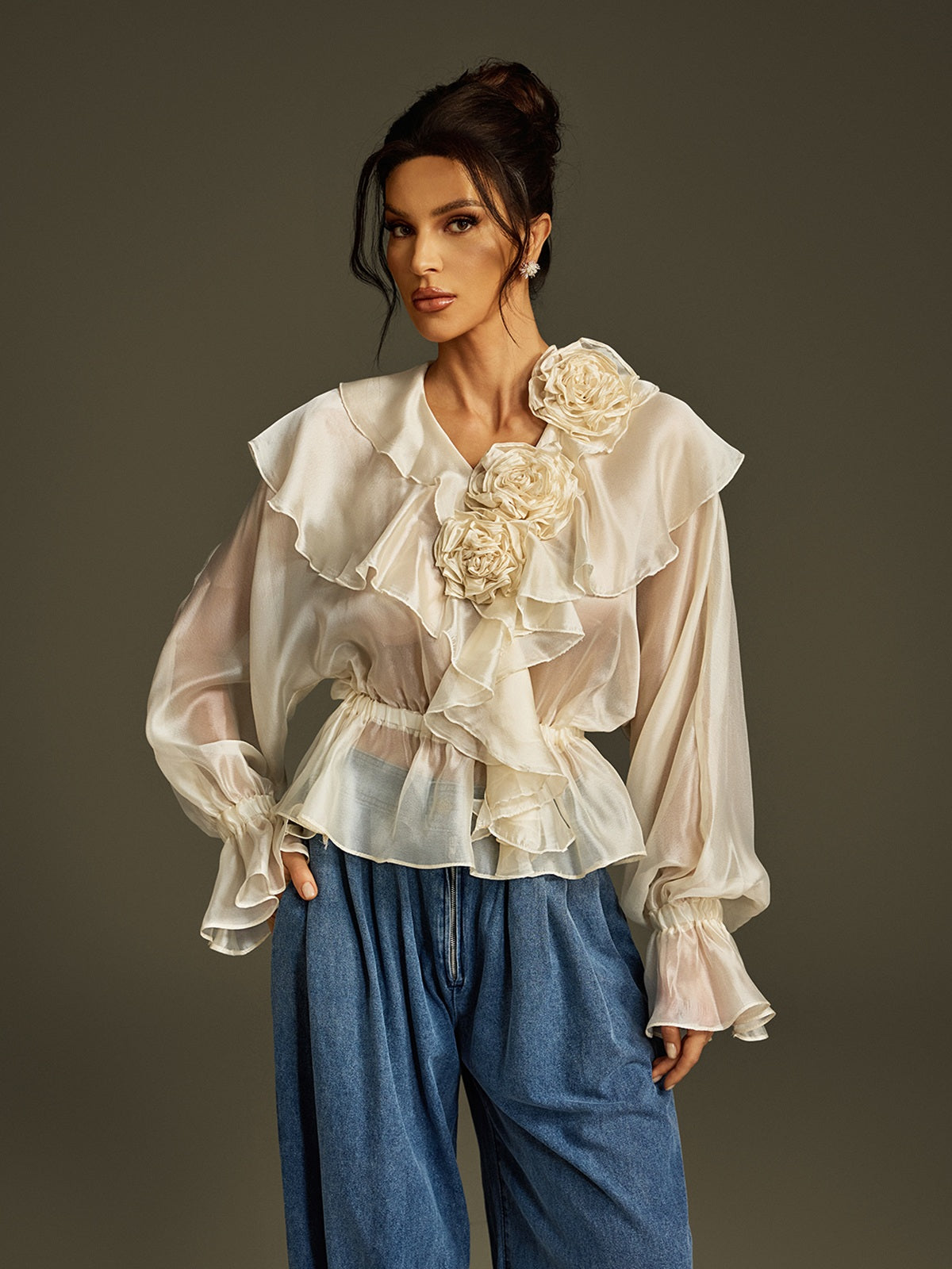 Larya Flare Sleeve Flower Ruffle Top