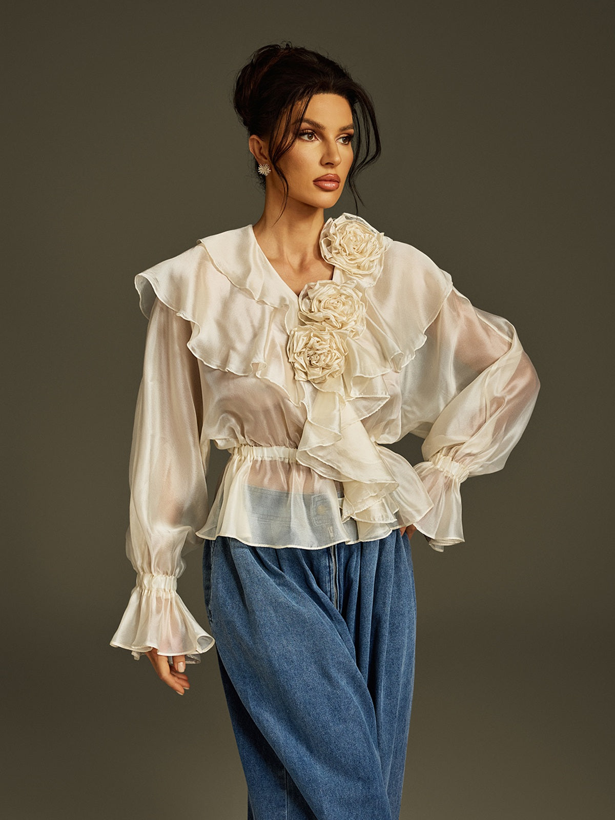Larya Flare Sleeve Flower Ruffle Top