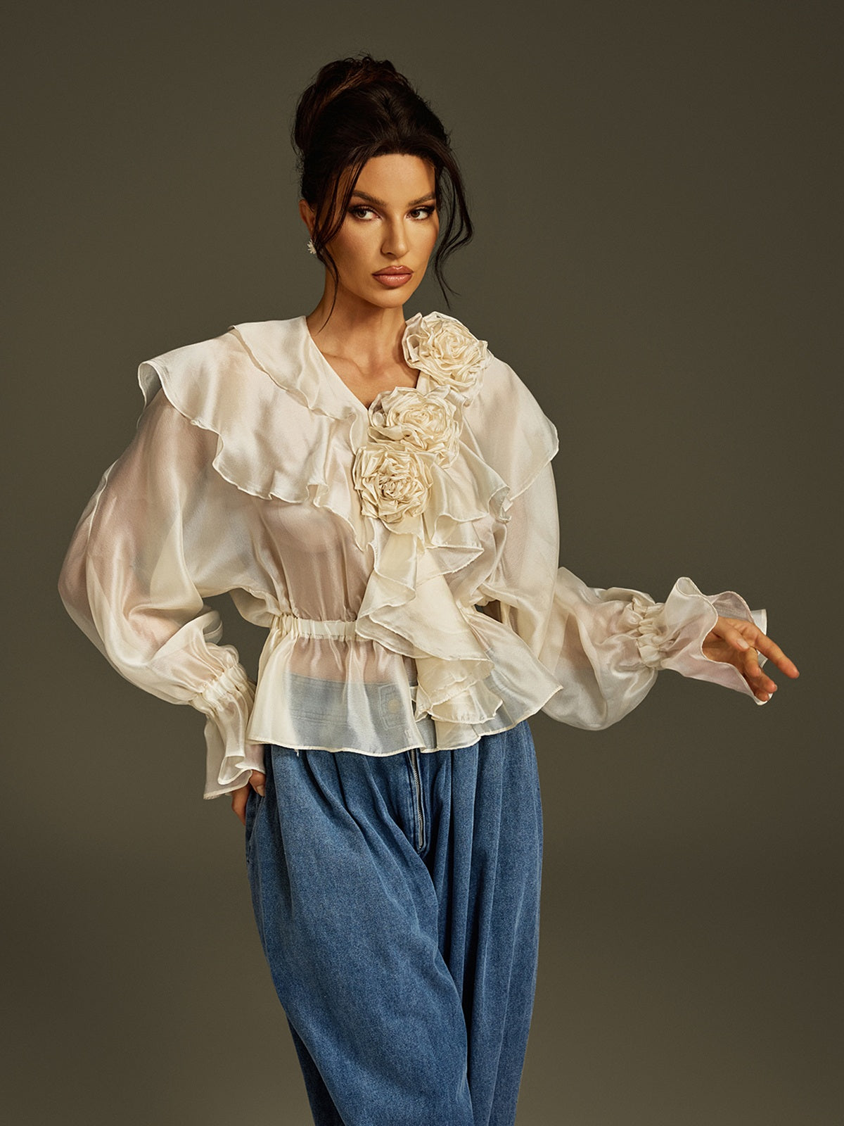 Larya Flare Sleeve Flower Ruffle Top