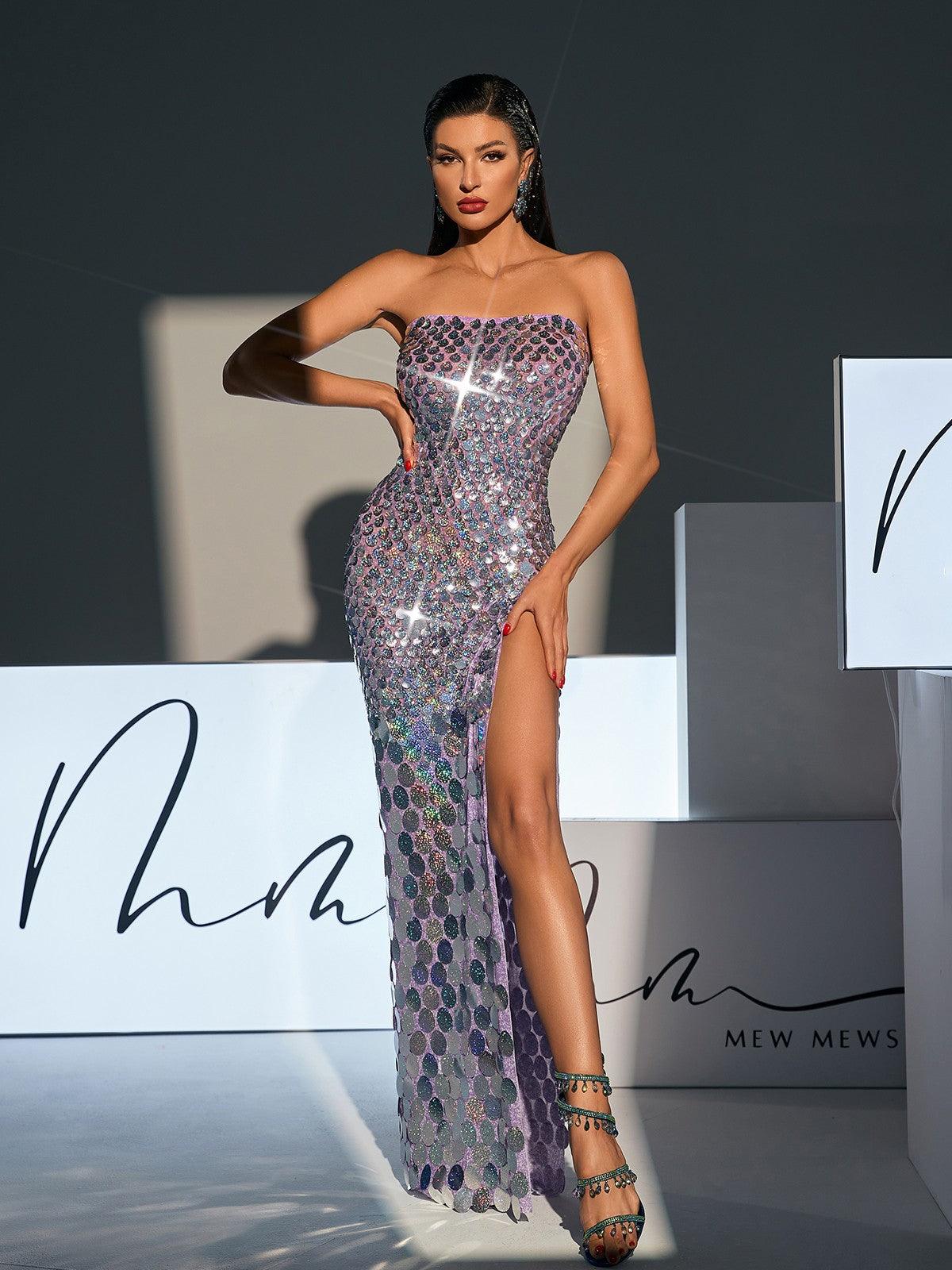 Laszlo Strapless Sequin Split Maxi Dress in purple with elegant split design, perfect for parties and formal events.
