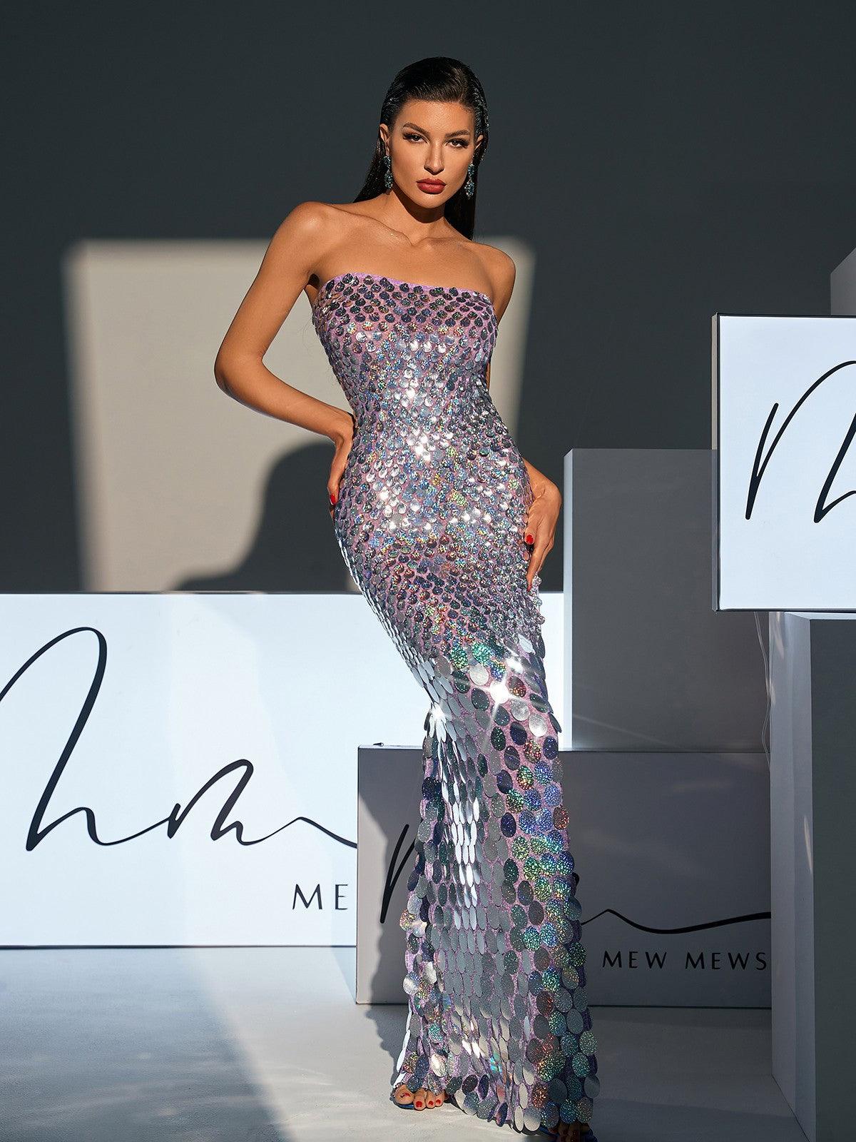 Laszlo Strapless Sequin Split Maxi Dress in purple with elegant split design, perfect for parties and formal events.