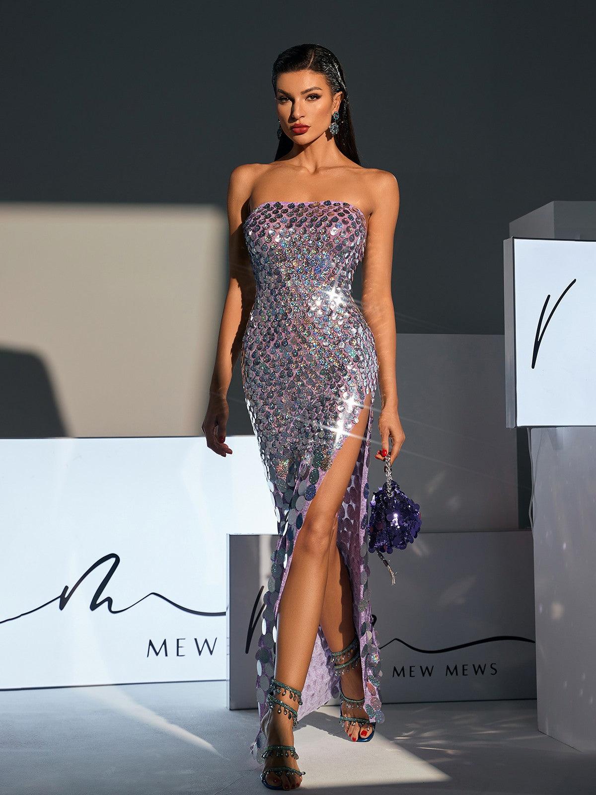 Laszlo Strapless Sequin Split Maxi Dress in purple with elegant split design, perfect for parties and formal events.