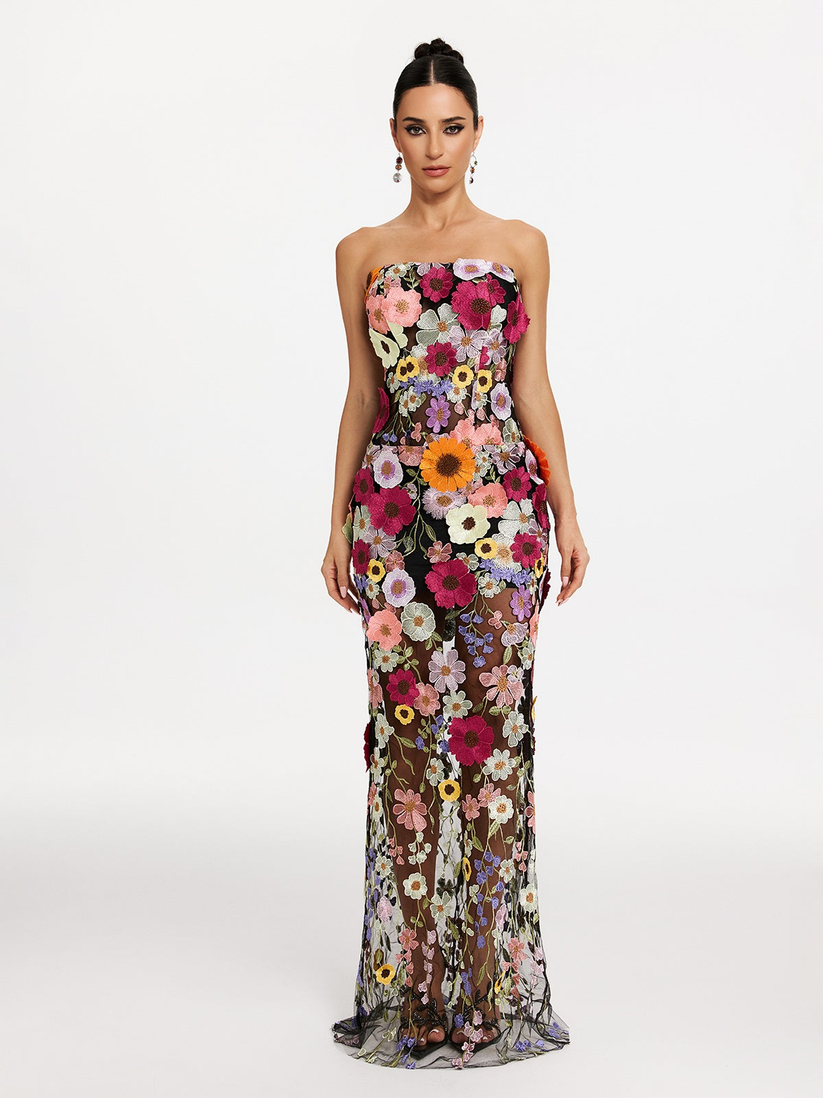 Latasha Strapless Flower Embroidered Maxi Dress