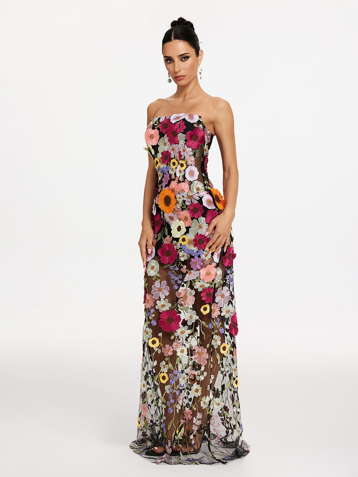 Latasha Strapless Flower Embroidered Maxi Dress