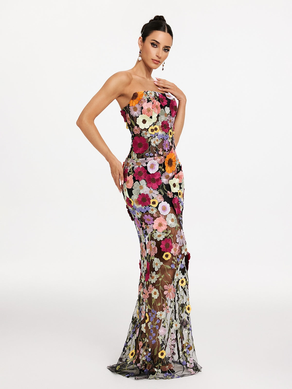 Latasha Strapless Flower Embroidered Maxi Dress