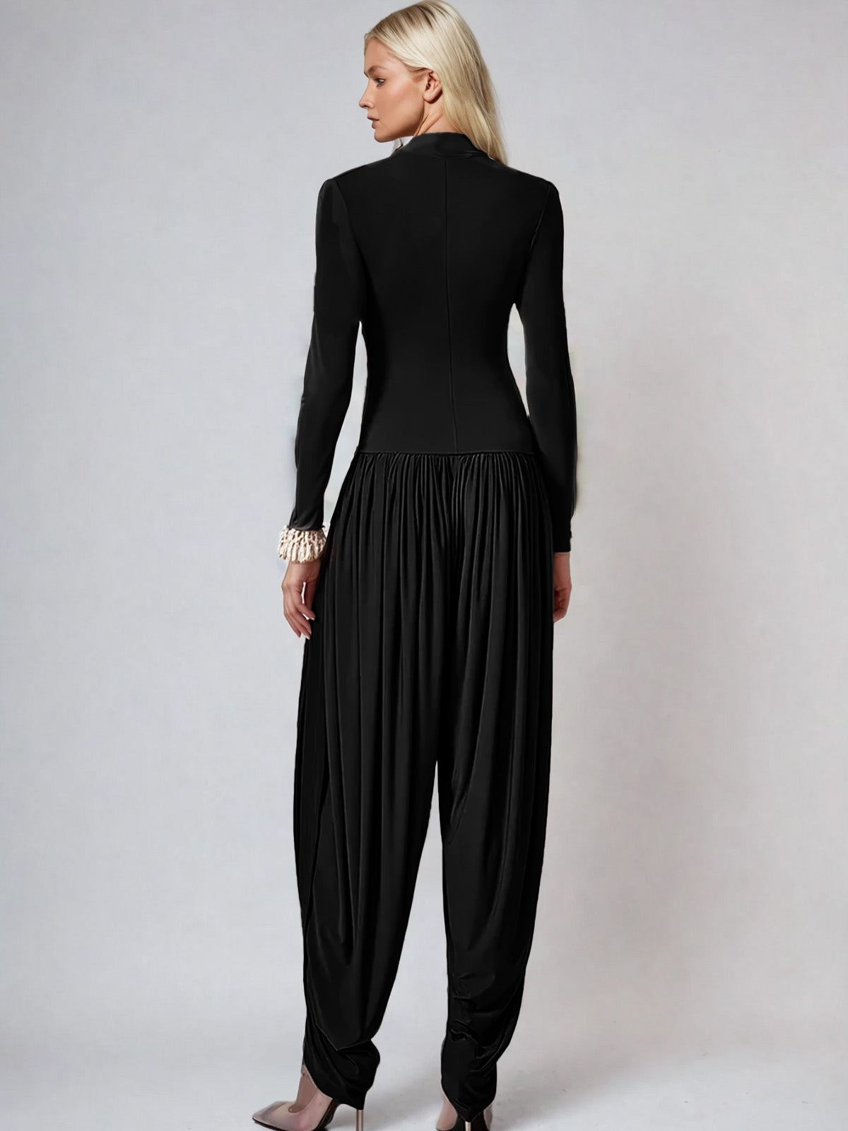 Laurien Long Sleeve Ruched Jumpsuit In Black