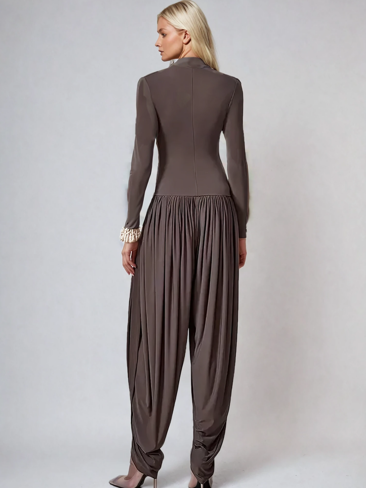 Laurien Long Sleeve Ruched Jumpsuit In Grey