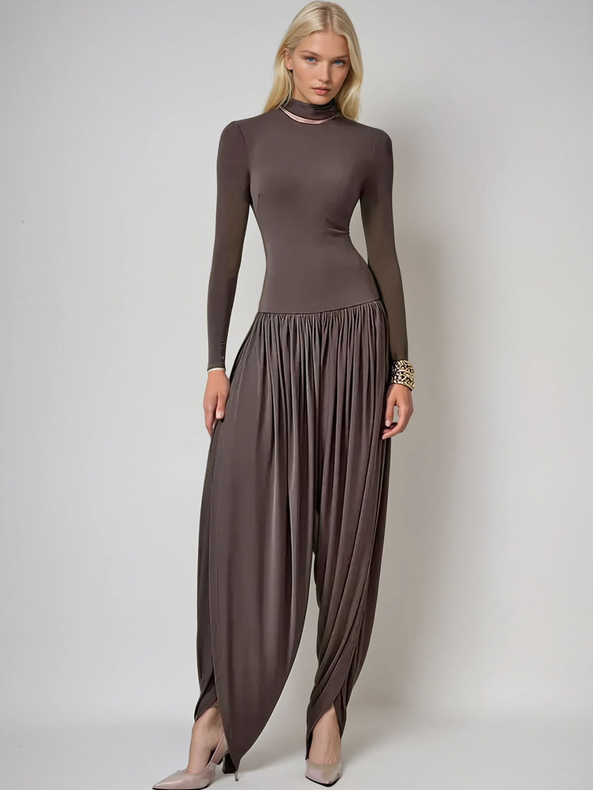 Laurien Long Sleeve Ruched Jumpsuit In Grey