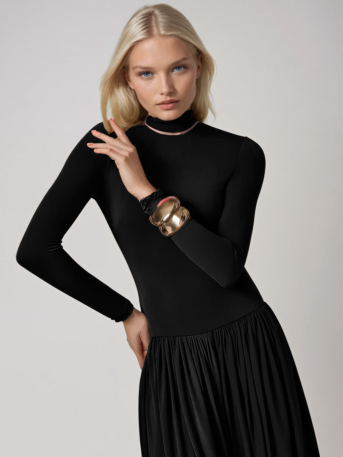 Laurien Long Sleeve Ruched Jumpsuit In Black