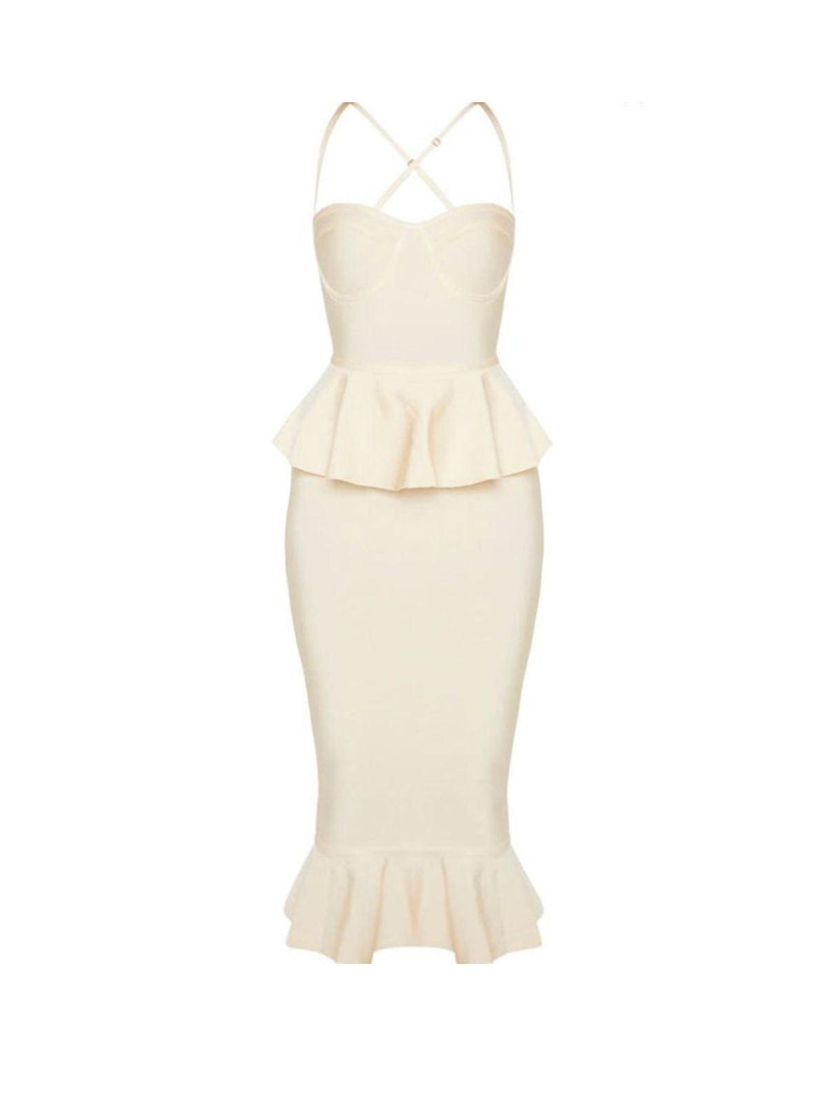 Lava Peplum Mermaid Bandage Dress in yellow featuring spaghetti straps and a stylish peplum design, ideal for cocktail parties.