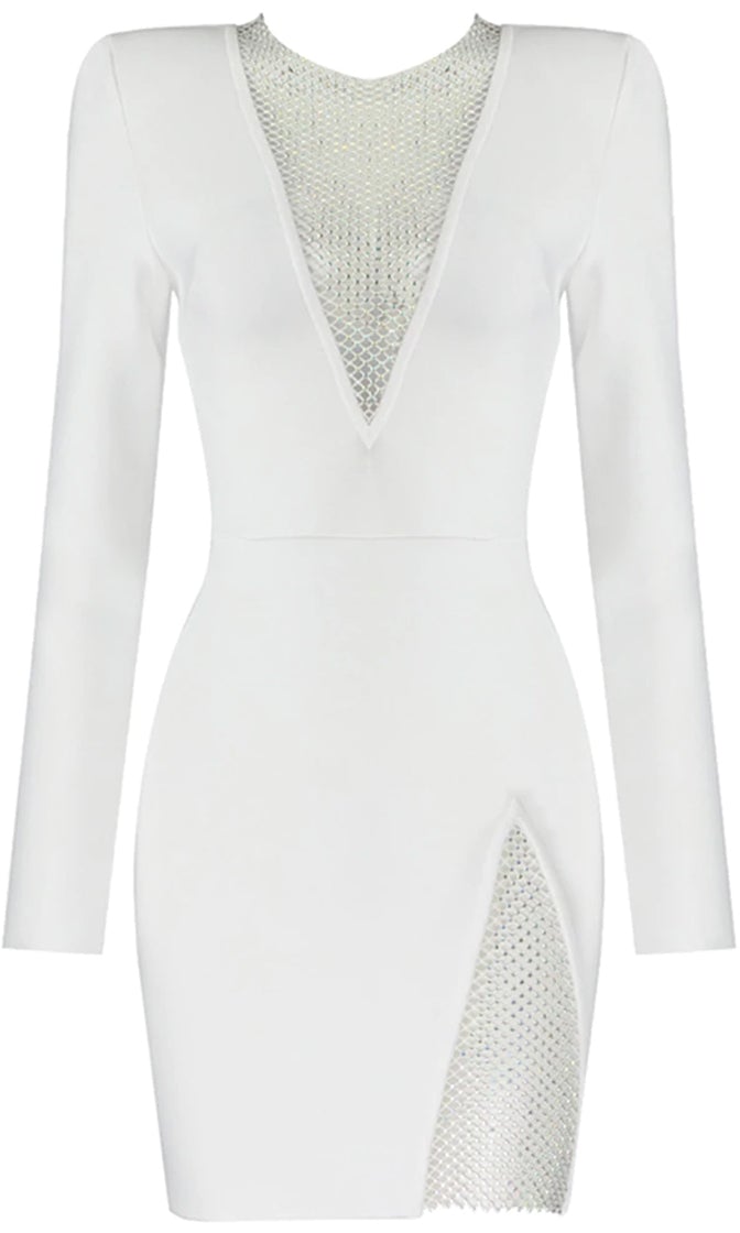 Elite V Neck Mesh Mini Dress Set-White