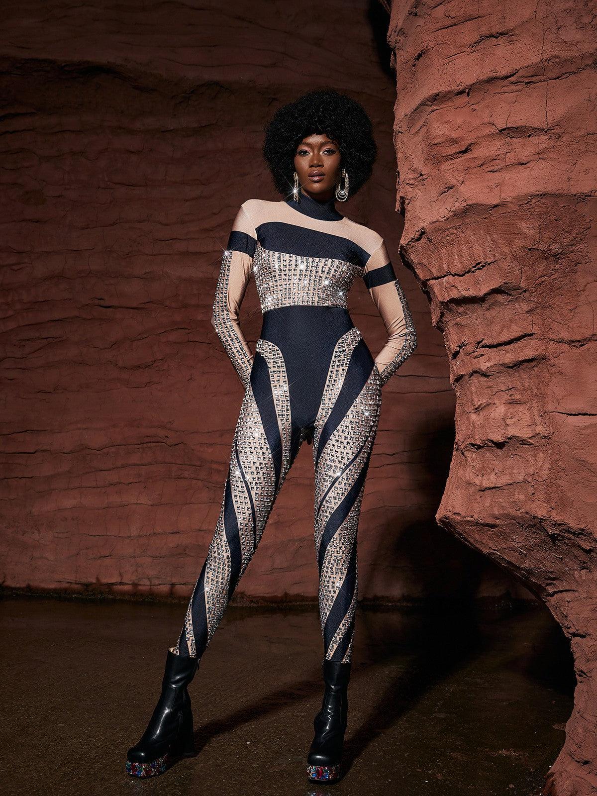 Leatrice Square Rhinestone Stripe Jumpsuit featuring a chic design with rhinestones, ideal for glamorous events and festivals.
