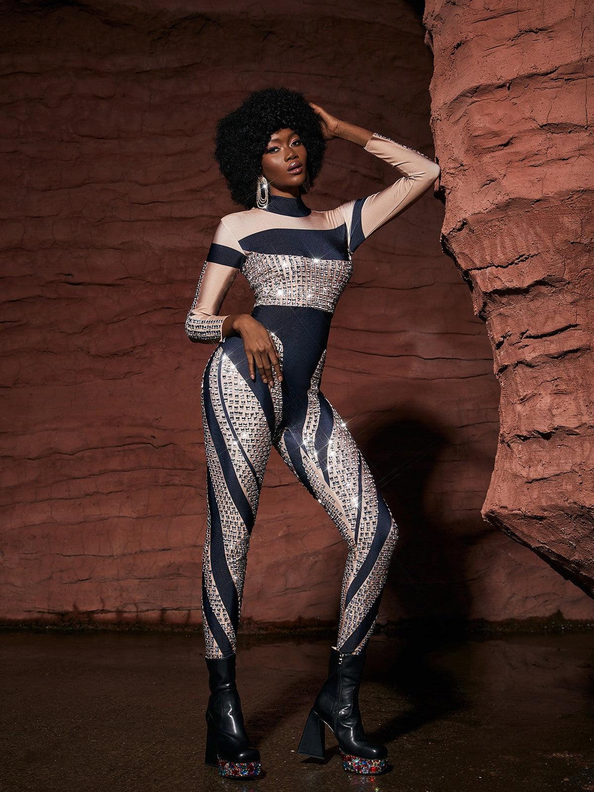 Leatrice Square Rhinestone Stripe Jumpsuit featuring a chic design with rhinestones, ideal for glamorous events and festivals.