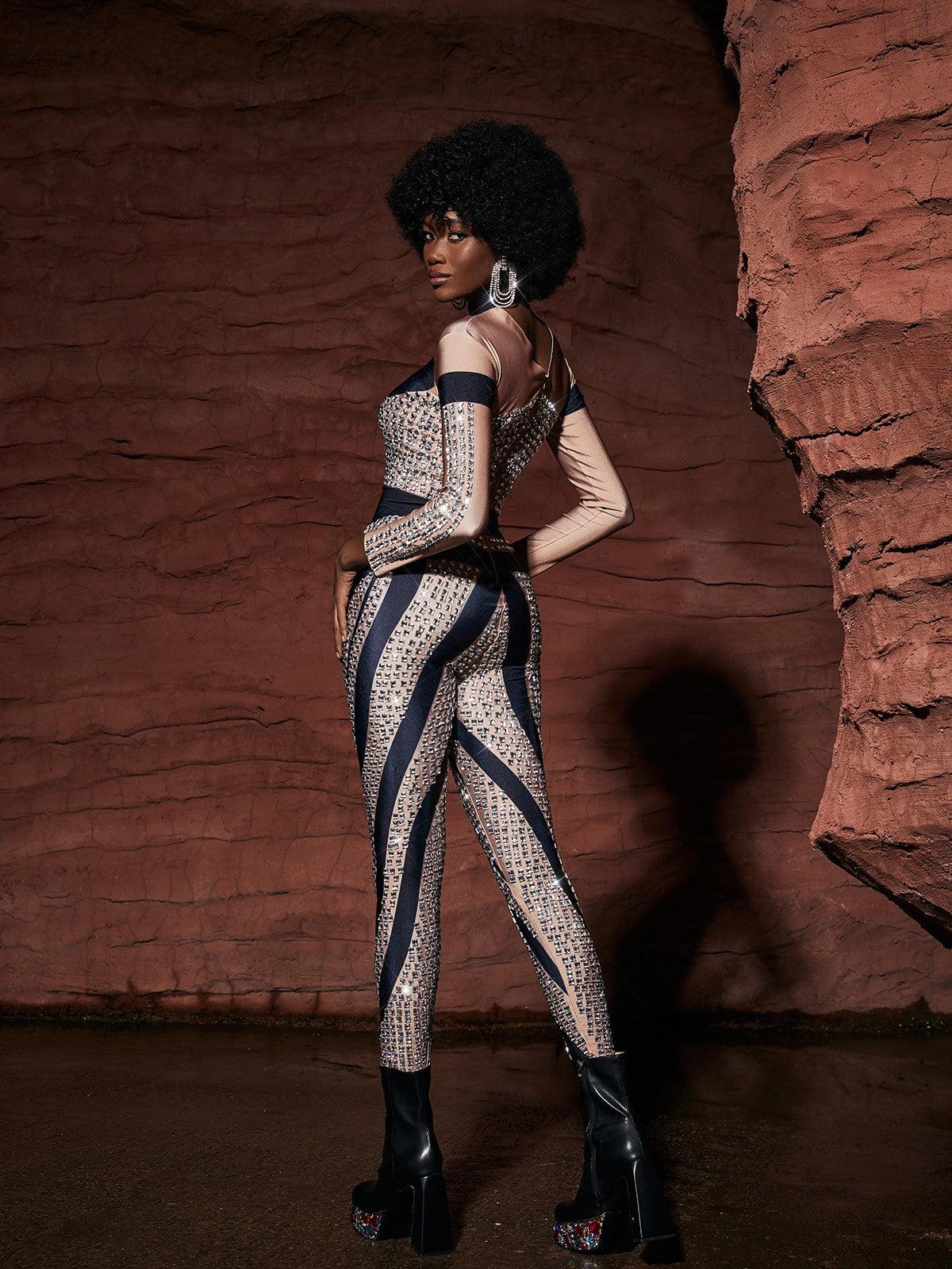 Leatrice Square Rhinestone Stripe Jumpsuit featuring a chic design with rhinestones, ideal for glamorous events and festivals.