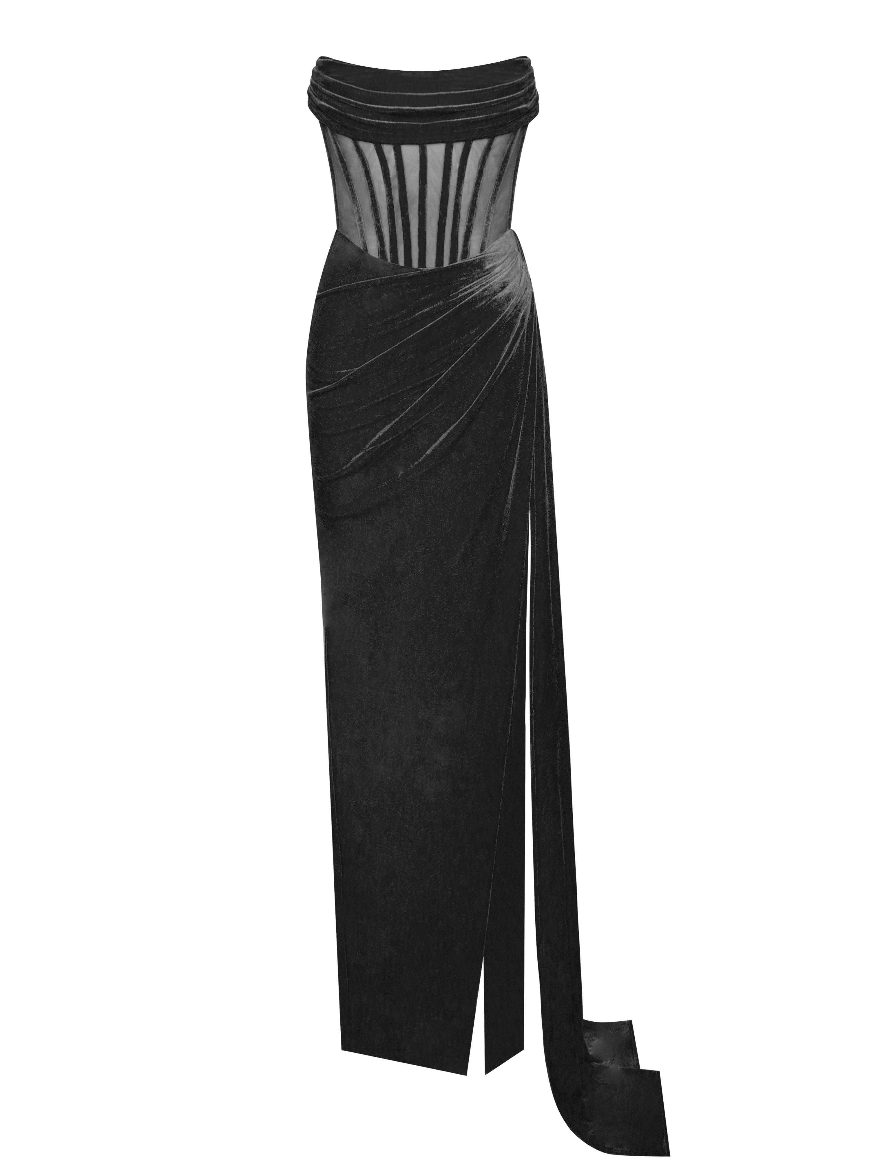 Leilani Corset Split Maxi Dress in Black featuring a chic design with a corset waist and a thigh-high split.