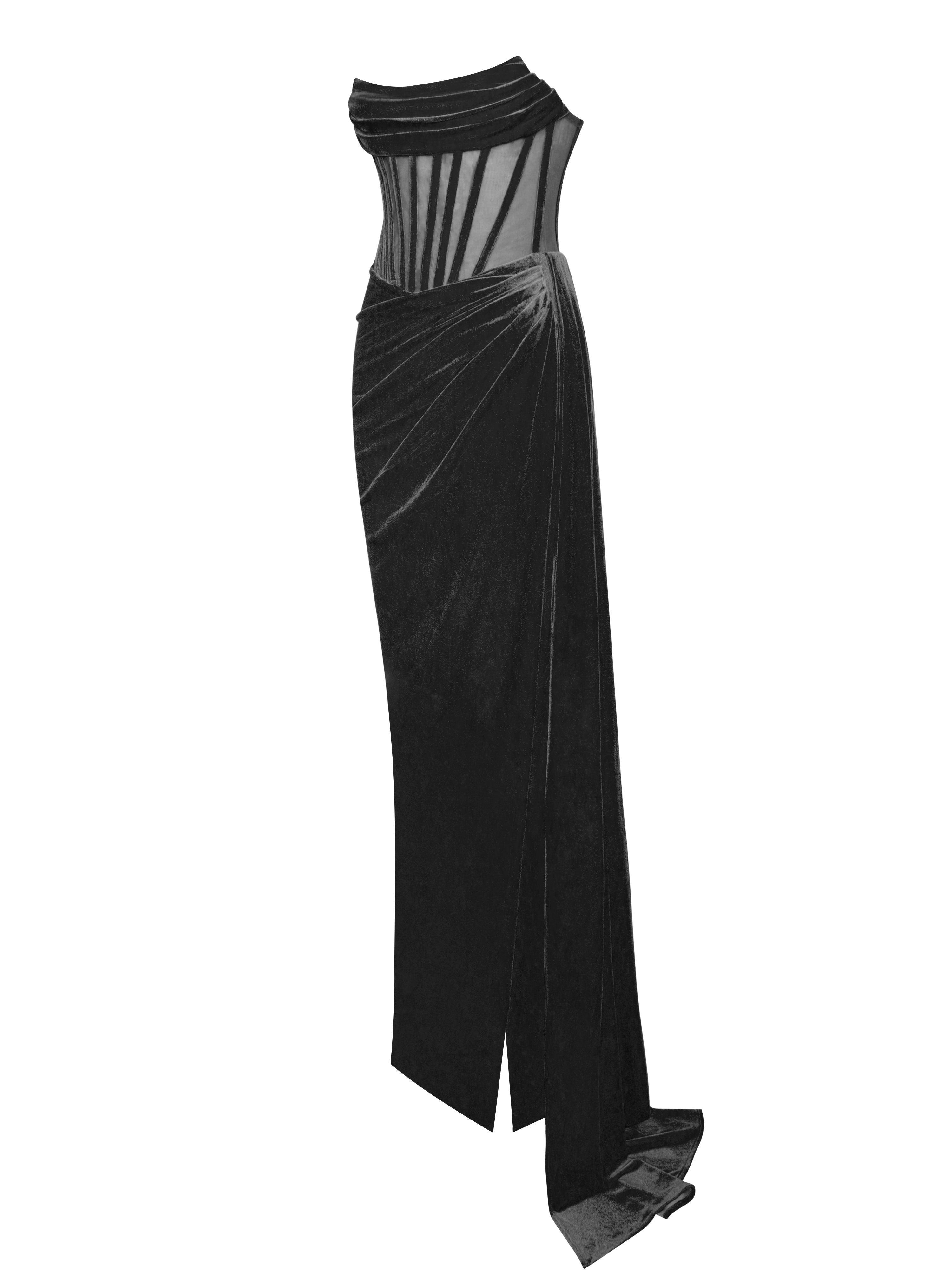 Leilani Corset Split Maxi Dress in Black featuring a chic design with a corset waist and a thigh-high split.