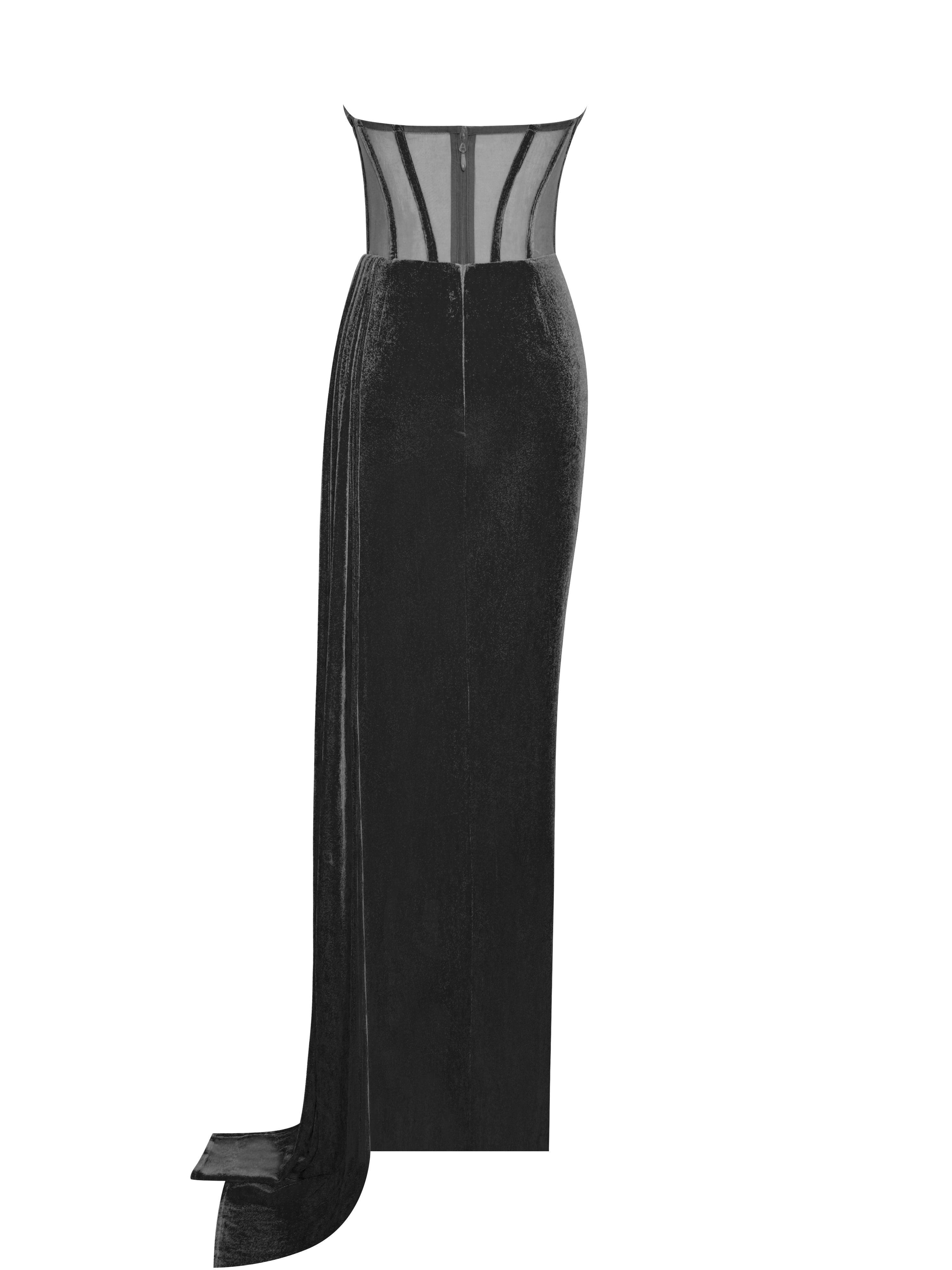 Leilani Corset Split Maxi Dress in Black featuring a chic design with a corset waist and a thigh-high split.