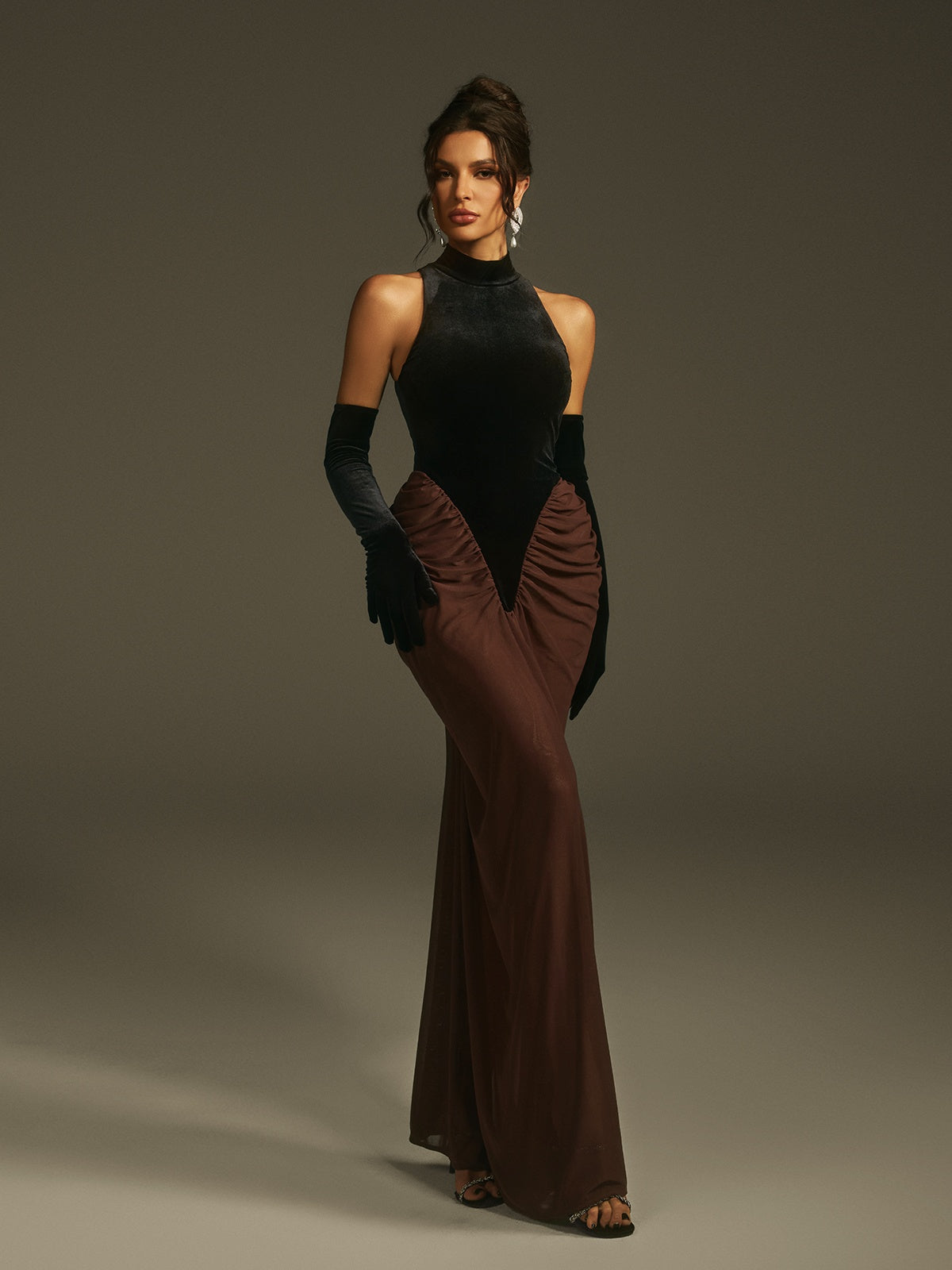 Lenore Halterneck Velvet Maxi Dress With Gloves