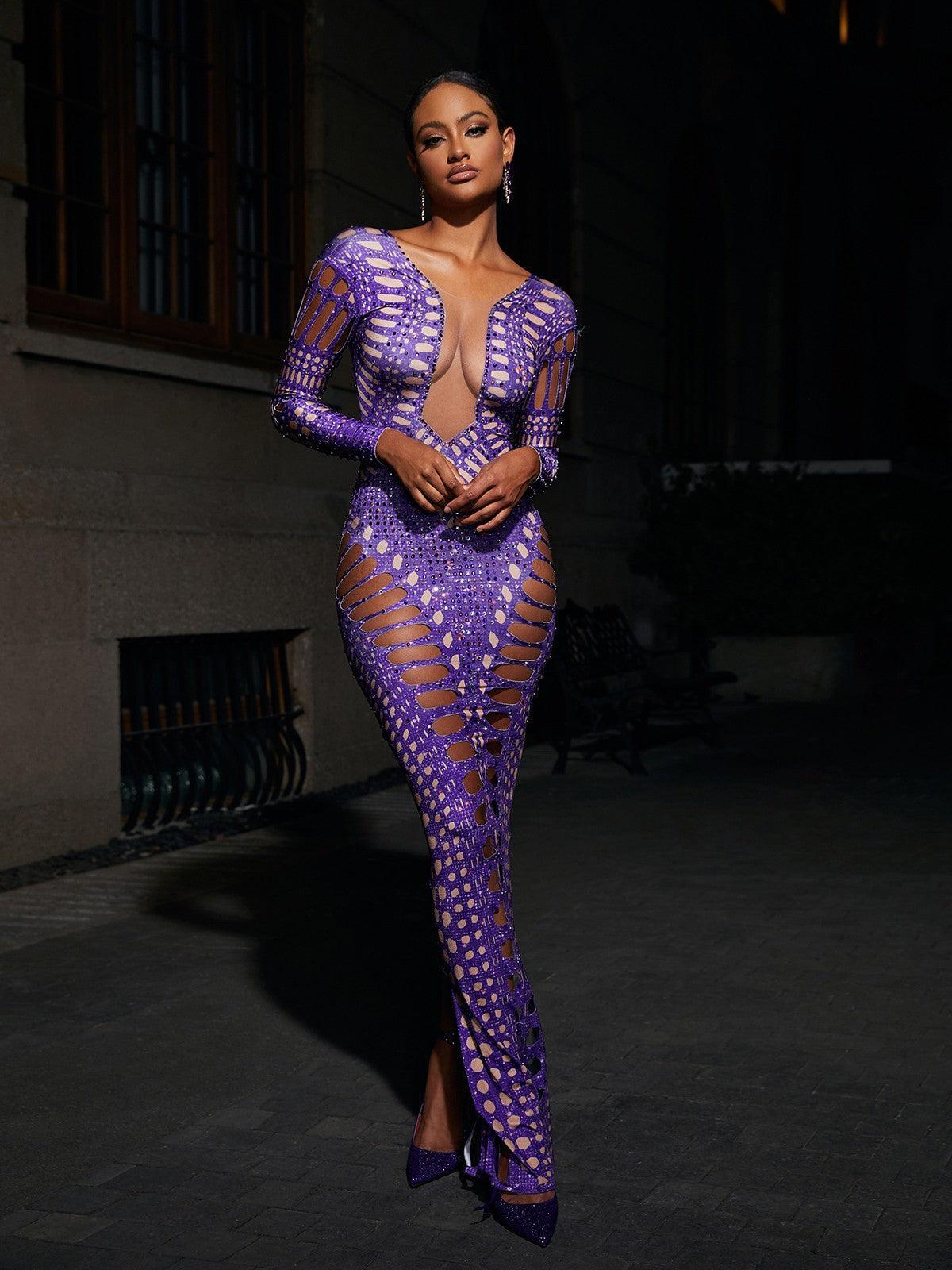 Leocadia Rhinestone Cutout Maxi Dress featuring long sleeves, a chic split design, and stunning rhinestone detailing.