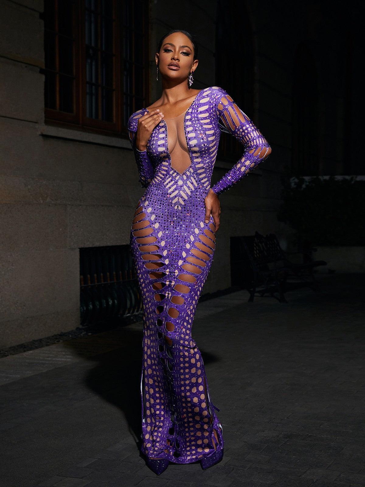 Leocadia Rhinestone Cutout Maxi Dress featuring long sleeves, a chic split design, and stunning rhinestone detailing.