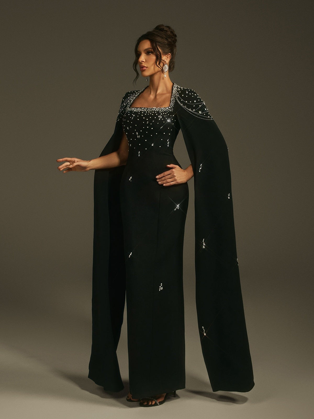 Leola Cape Sleeve Rhinestone Maxi Dress