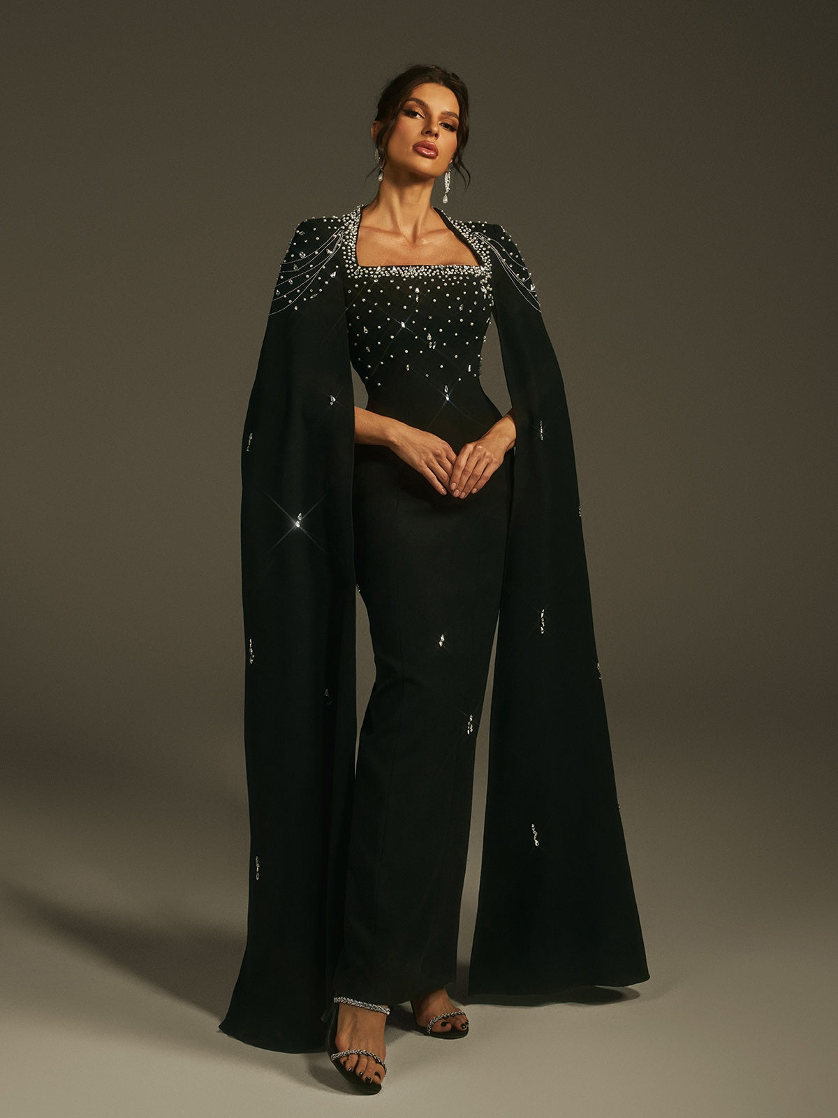 Leola Cape Sleeve Rhinestone Maxi Dress
