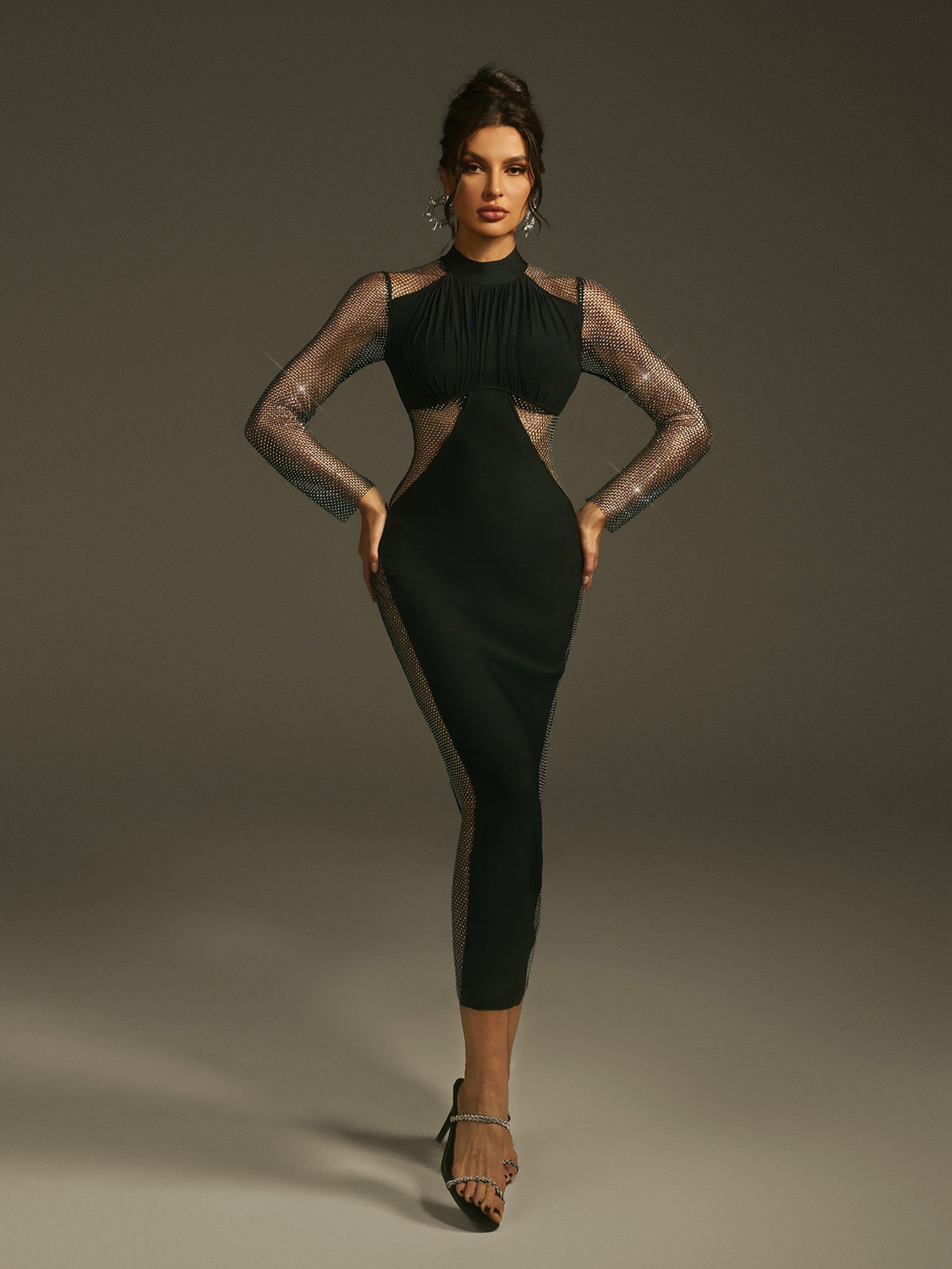 Leonid Long Sleeve Rhinestone Mesh Dress