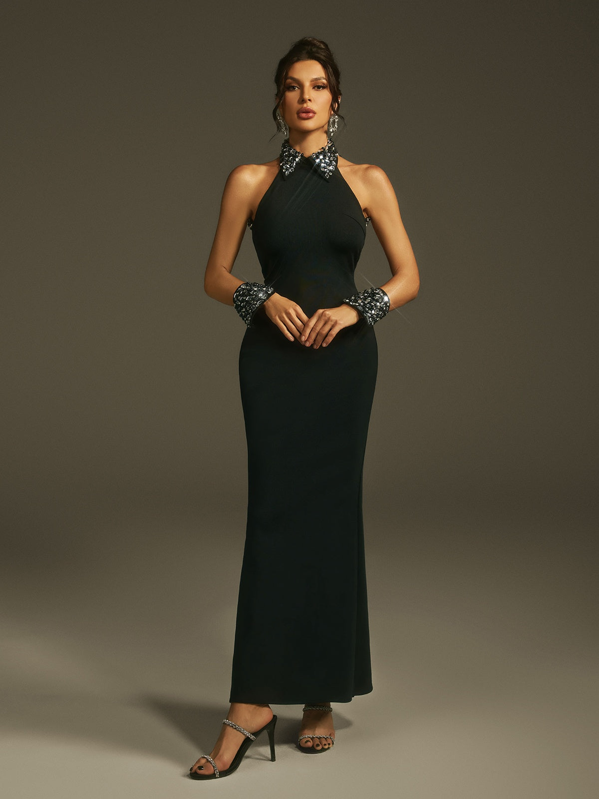 Leonius Halterneck Crystal Maxi Dress