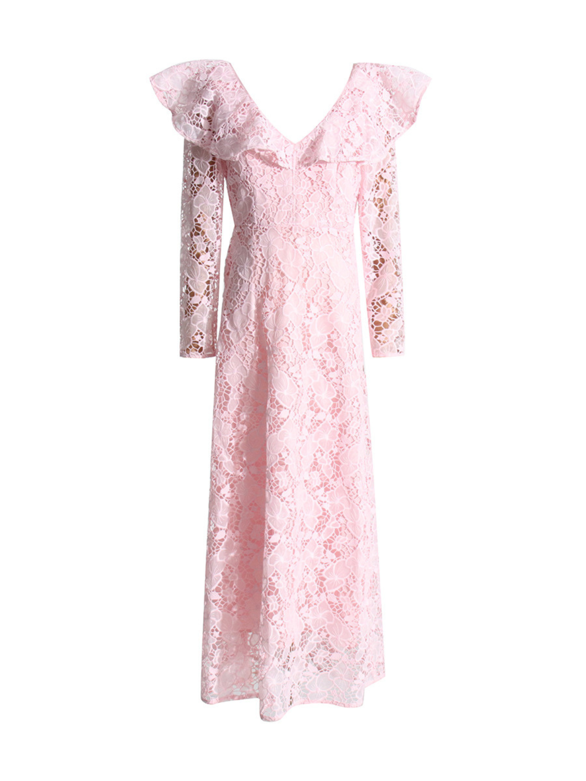 A model wears a beautiful pink Levi v-neck floral hollow lace maxi dress.  Long sleeves, cutout details, and an invisible zipper. Perfect for fall.