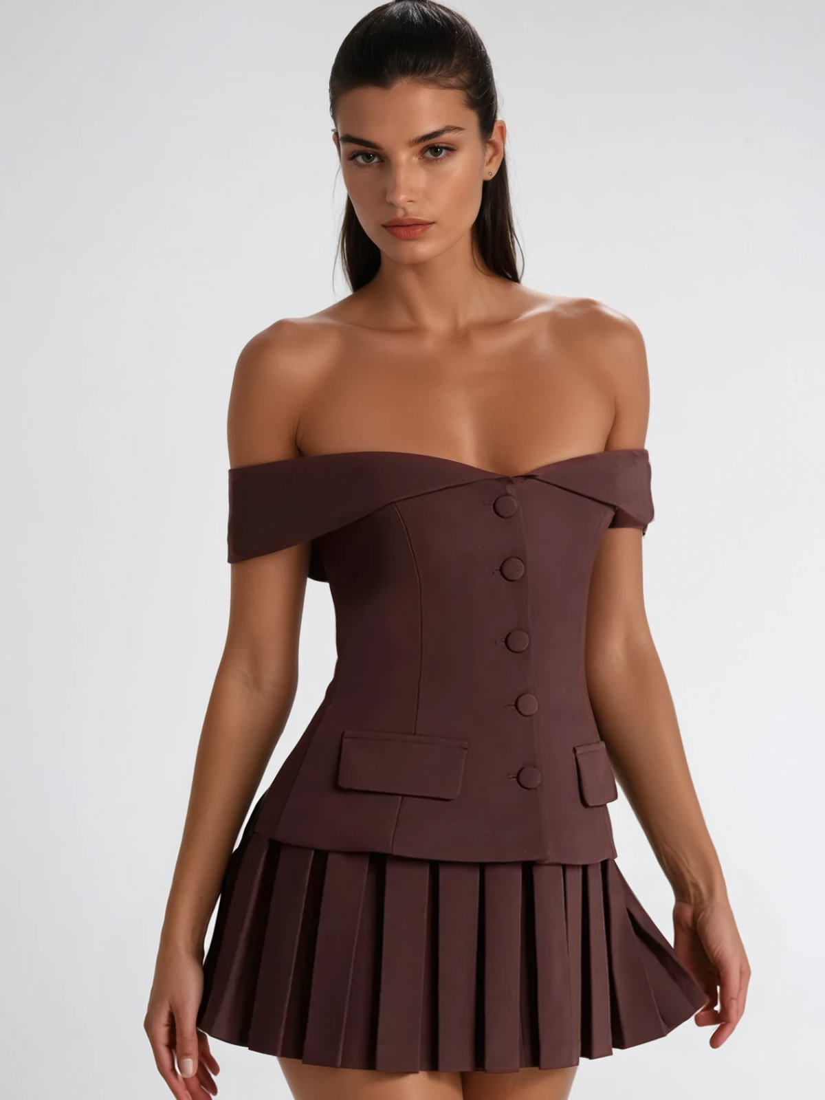 Lidwien Off Shoulder Pleated Mini Dress