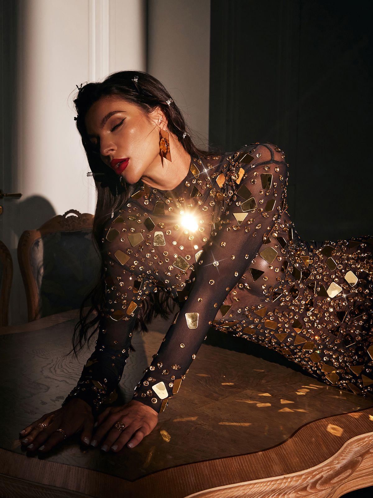 Liliana High Neck Acrylic Mesh Maxi Dress