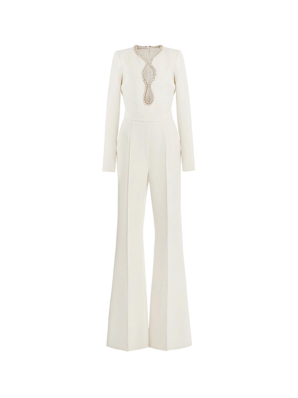 A model wears the Lilwen Crystal Cutout Jumpsuit, a white, long-sleeved romper with a fitted silhouette and sparkly crystal detailing.  The jumpsuit features a cutout design and back zipper.